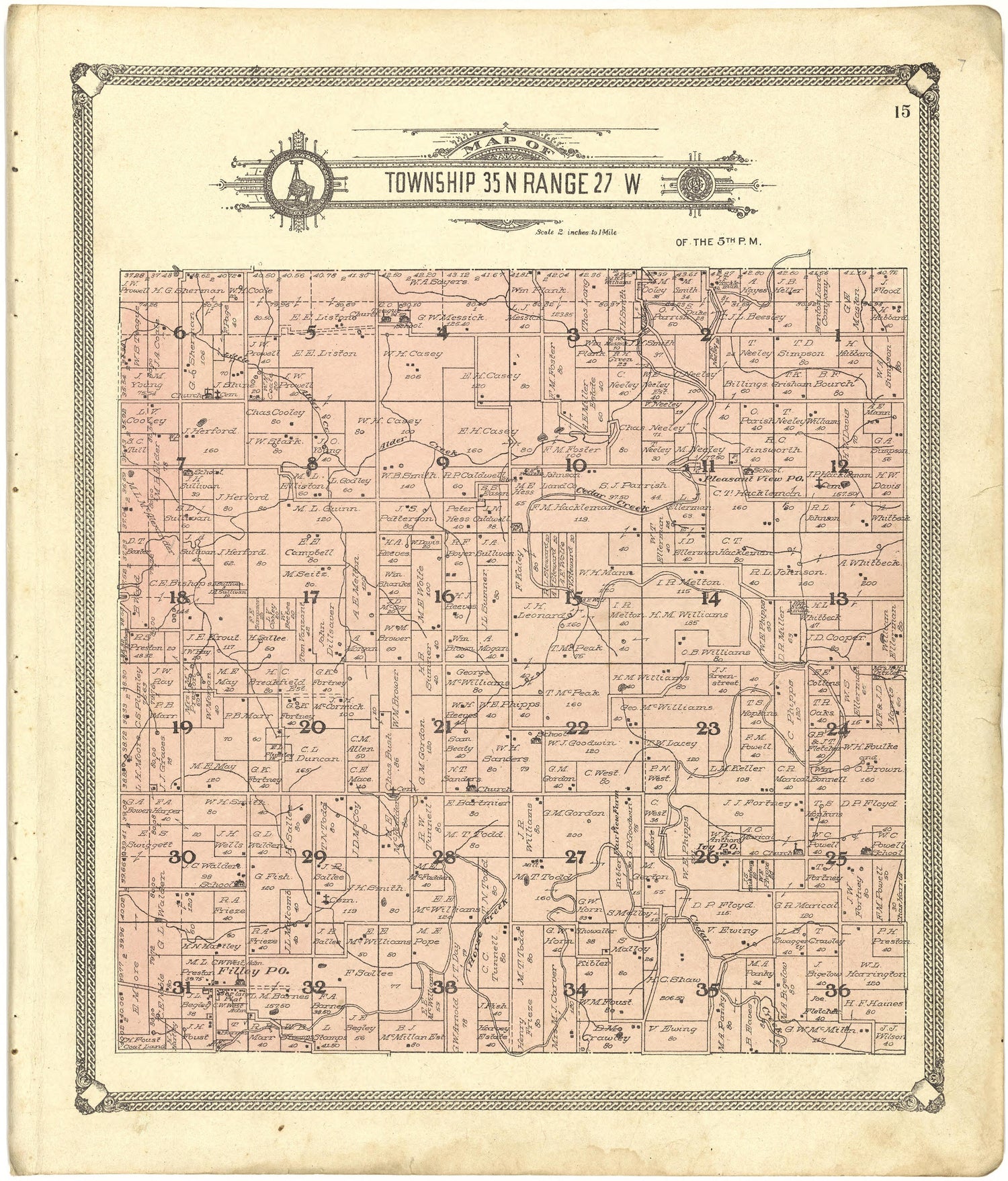 Map of Township 35 N Range 27 W from Standard Atlas of Cedar County, Missouri : Including a Plat Book of the Villages, Cities and Townships of the County, Map of the State, United States and World, Patrons Directory, Reference Business … 1908 by Relic Map Company