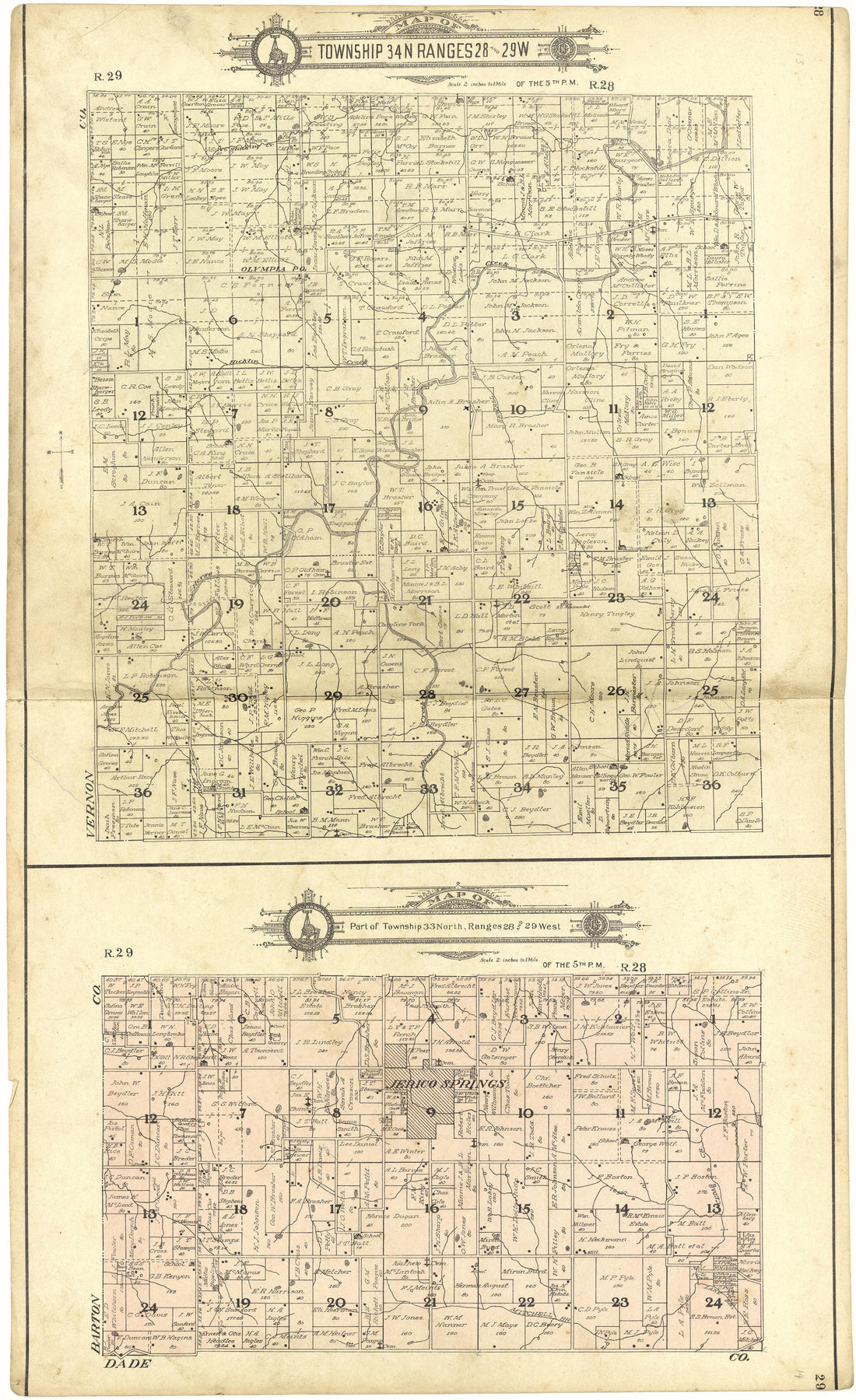 Map of Township 34 N Range 28 and 29 W from Standard Atlas of Cedar County, Missouri : Including a Plat Book of the Villages, Cities and Townships of the County, Map of the State, United States and World, Patrons Directory, Reference Business … 1908 by Relic Map Company