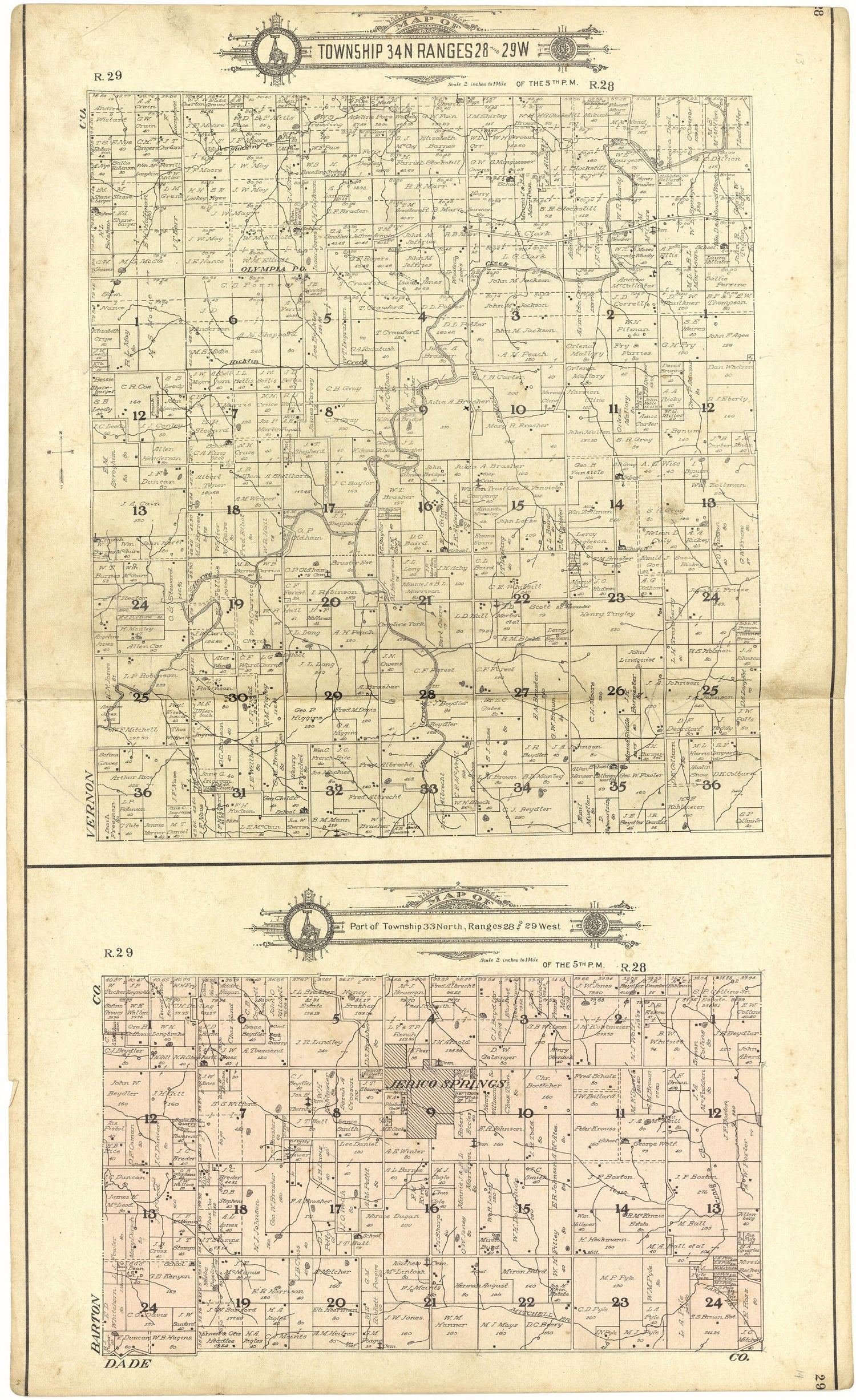 Map of Township 34 N Range 28 and 29 W from Standard Atlas of Cedar County, Missouri : Including a Plat Book of the Villages, Cities and Townships of the County, Map of the State, United States and World, Patrons Directory, Reference Business … 1908 by Relic Map Company