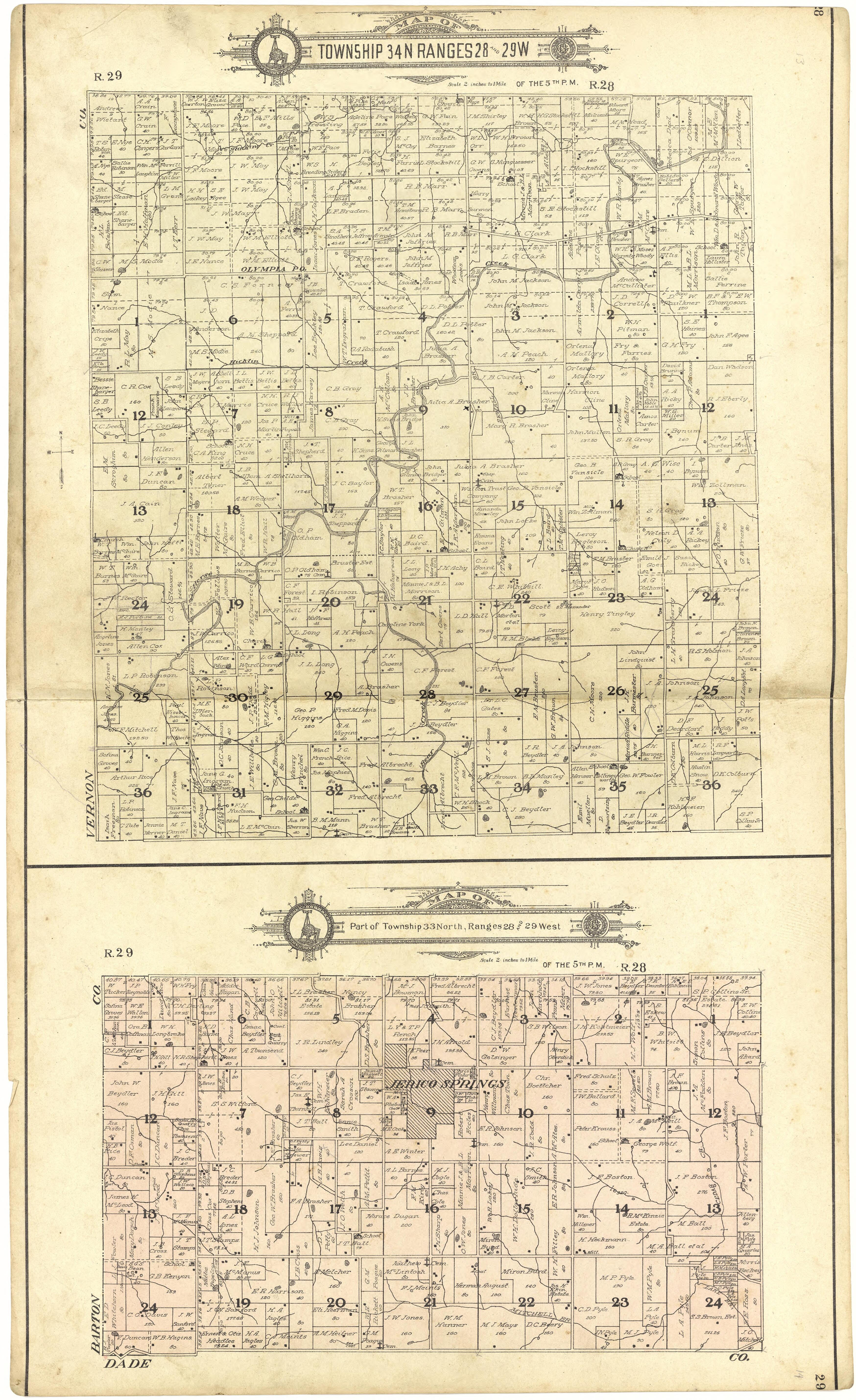 Map of Township 34 N Range 28 and 29 W from Standard Atlas of Cedar County, Missouri : Including a Plat Book of the Villages, Cities and Townships of the County, Map of the State, United States and World, Patrons Directory, Reference Business … 1908 by Relic Map Company