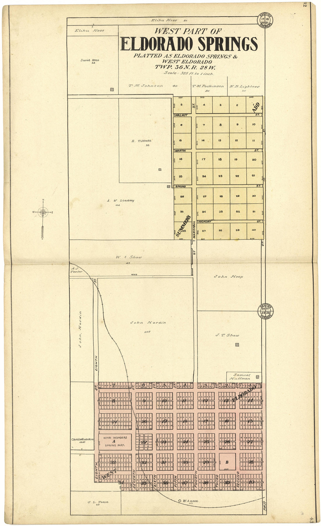 West Part of Eldorado Springs from Standard Atlas of Cedar County, Missouri : Including a Plat Book of the Villages, Cities and Townships of the County, Map of the State, United States and World, Patrons Directory, Reference Business … 1908 by Relic Map Company