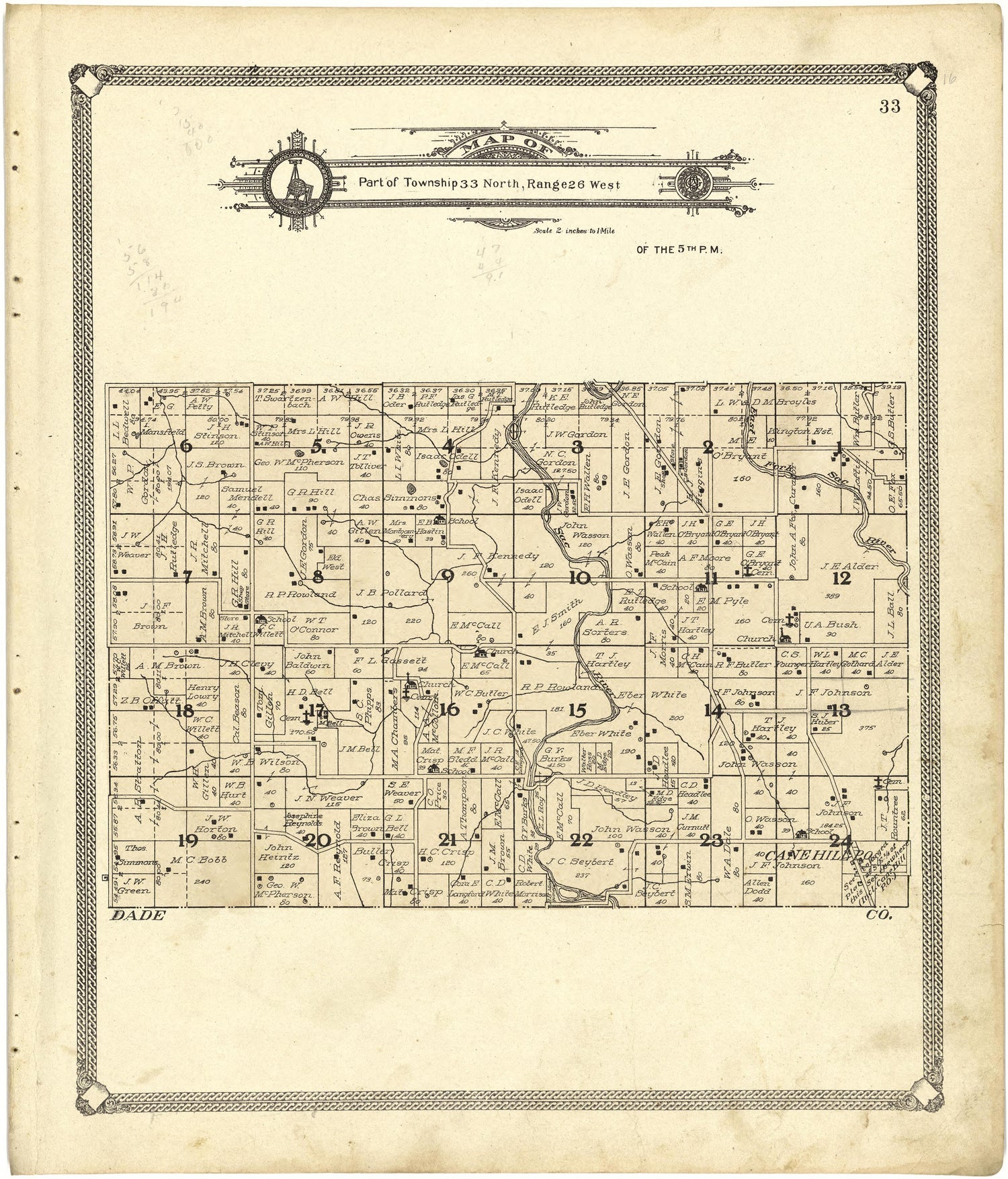 Map of Part of Township 33 North, Range 26 West from Standard Atlas of Cedar County, Missouri : Including a Plat Book of the Villages, Cities and Townships of the County, Map of the State, United States and World, Patrons Directory, Reference Business... by Relic Map Company