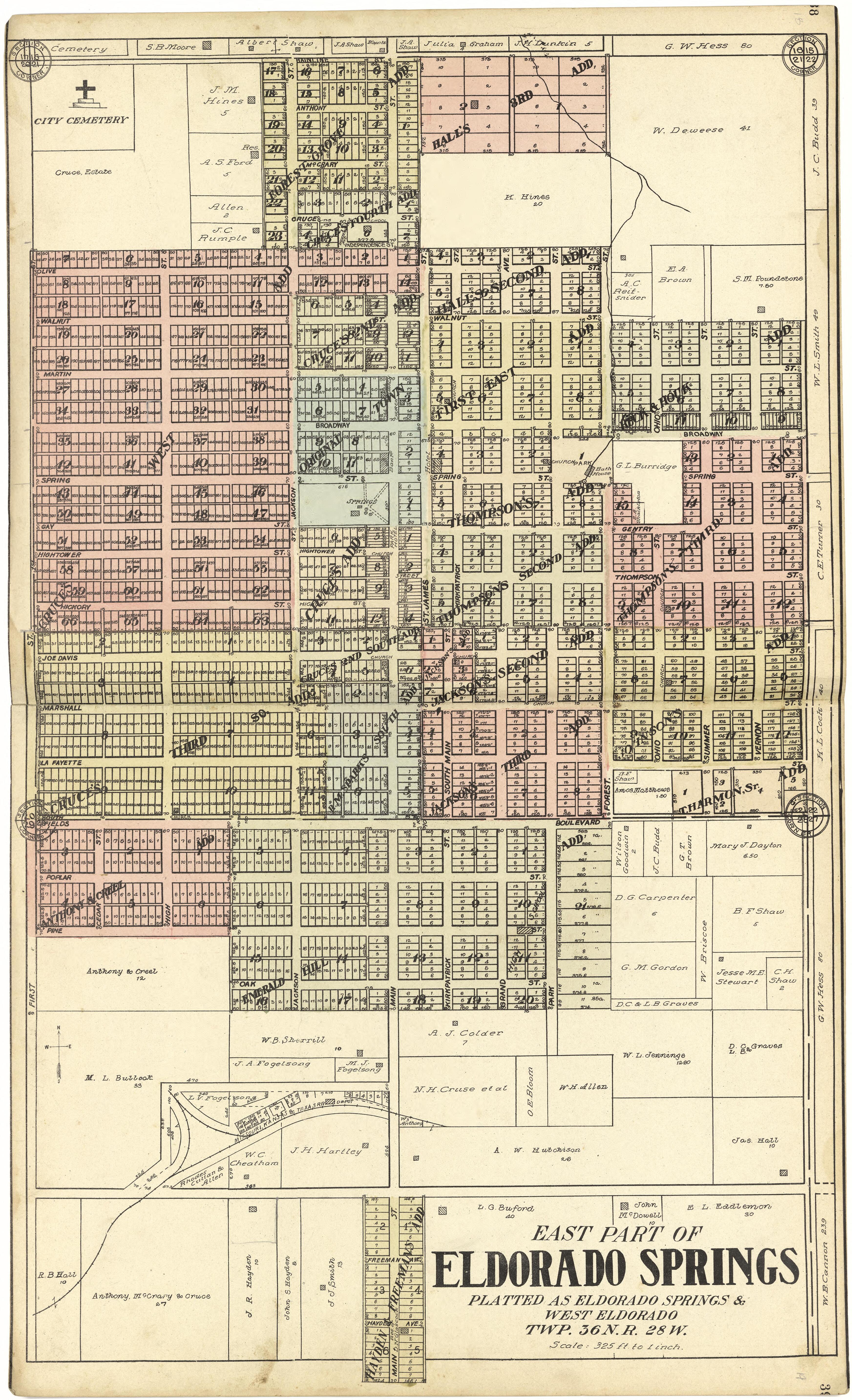 East Part of Eldorado Springs from Standard Atlas of Cedar County, Missouri : Including a Plat Book of the Villages, Cities and Townships of the County, Map of the State, United States and World, Patrons Directory, Reference Business … 1908 by Relic Map Company