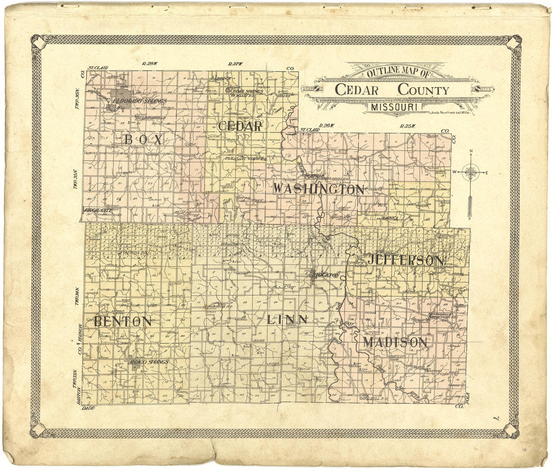 Outline Map of Cedar County, Missouri from Standard Atlas of Cedar County, Missouri : Including a Plat Book of the Villages, Cities and Townships of the County, Map of the State, United States and World, Patrons Directory, Reference Business … 1908 by Relic Map Company