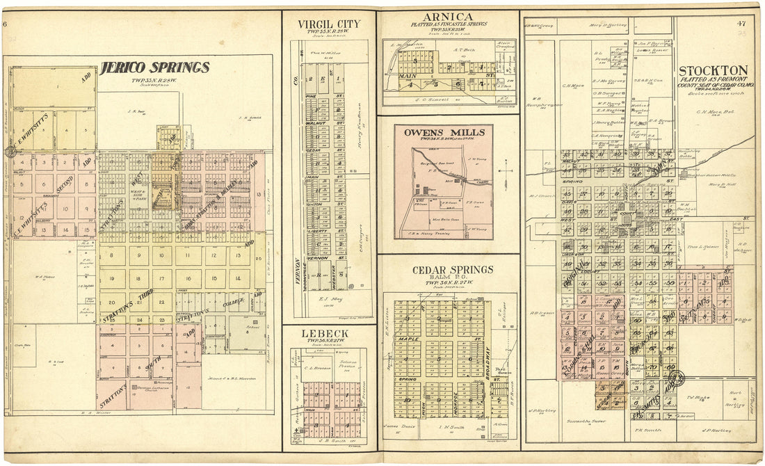 Jerico Springs; Virgil City; Lebeck; Arnica; Owens Mills; Cedar Springs from Standard Atlas of Cedar County, Missouri : Including a Plat Book of the Villages, Cities and Townships of the County, Map of the State, United States and World, Patrons Direc... by Relic Map Company