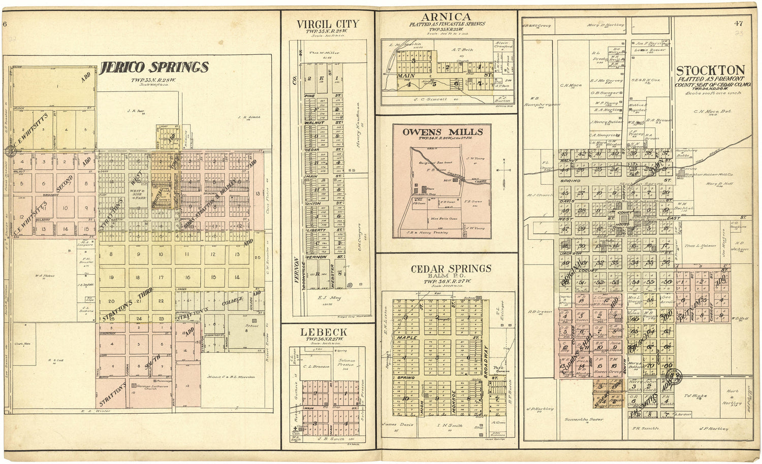Jerico Springs; Virgil City; Lebeck; Arnica; Owens Mills; Cedar Springs from Standard Atlas of Cedar County, Missouri : Including a Plat Book of the Villages, Cities and Townships of the County, Map of the State, United States and World, Patrons Direc... by Relic Map Company