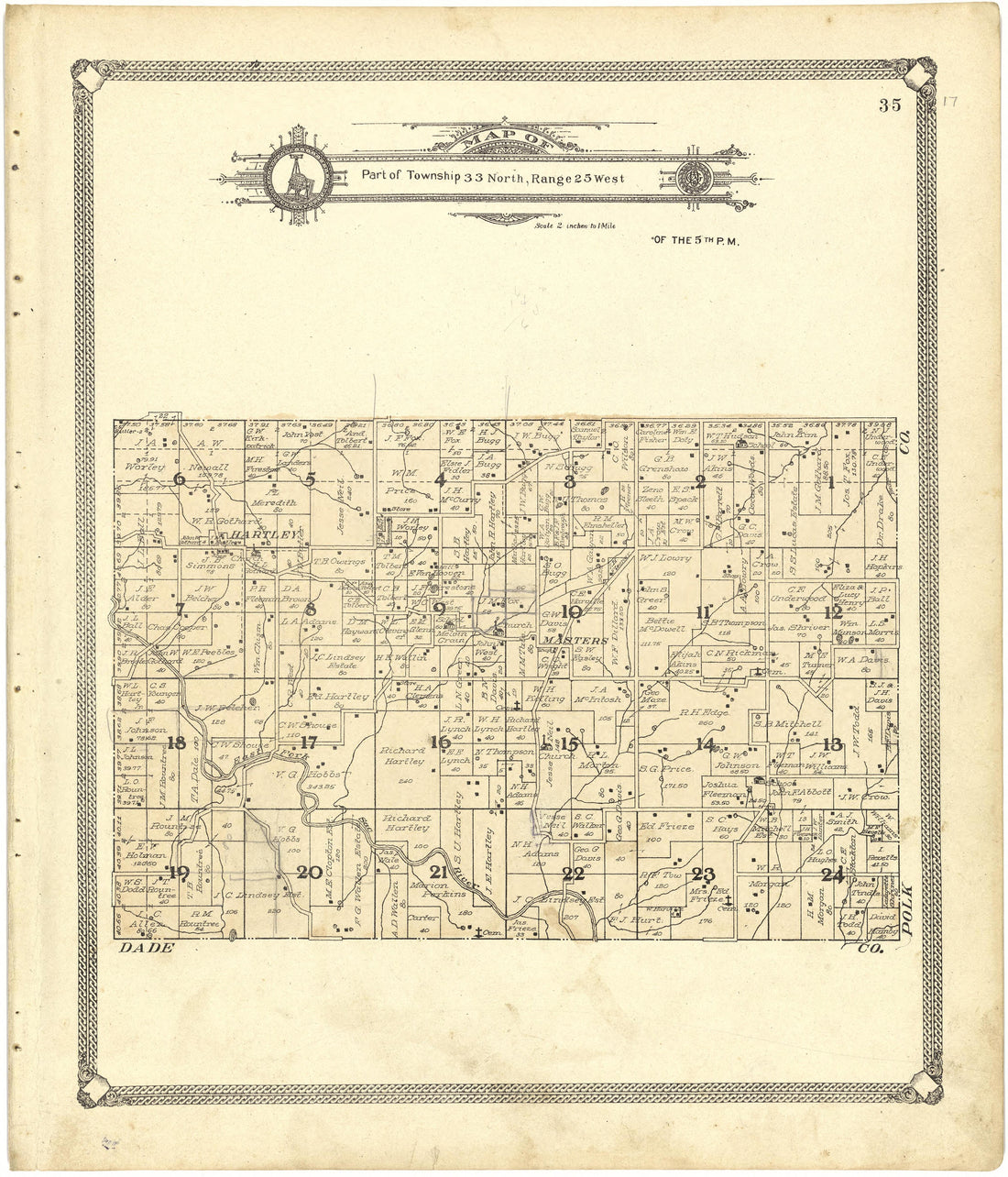Map of Part of Township 33 North, Range 25 West from Standard Atlas of Cedar County, Missouri : Including a Plat Book of the Villages, Cities and Townships of the County, Map of the State, United States and World, Patrons Directory, Reference Business... by Relic Map Company