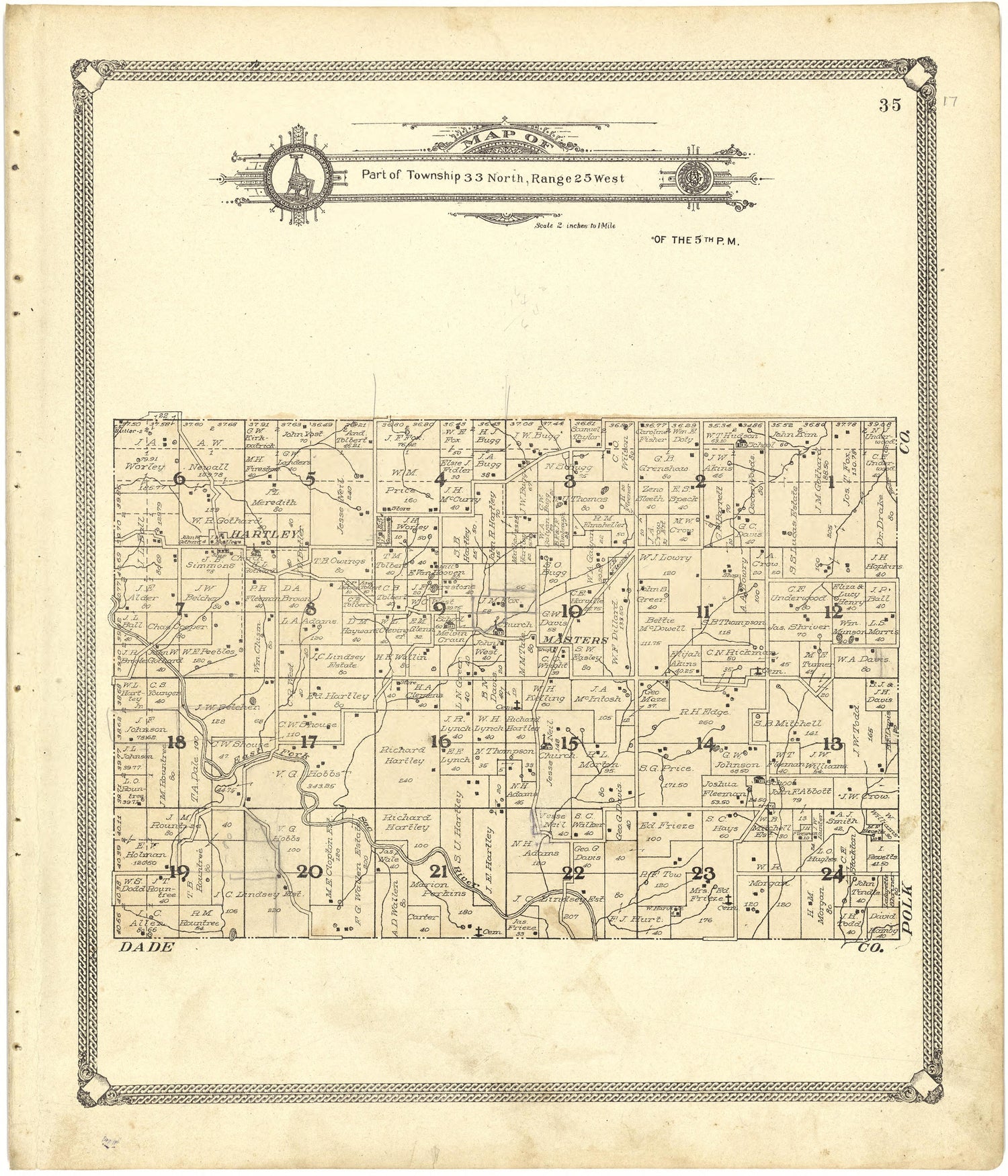 Map of Part of Township 33 North, Range 25 West from Standard Atlas of Cedar County, Missouri : Including a Plat Book of the Villages, Cities and Townships of the County, Map of the State, United States and World, Patrons Directory, Reference Business... by Relic Map Company