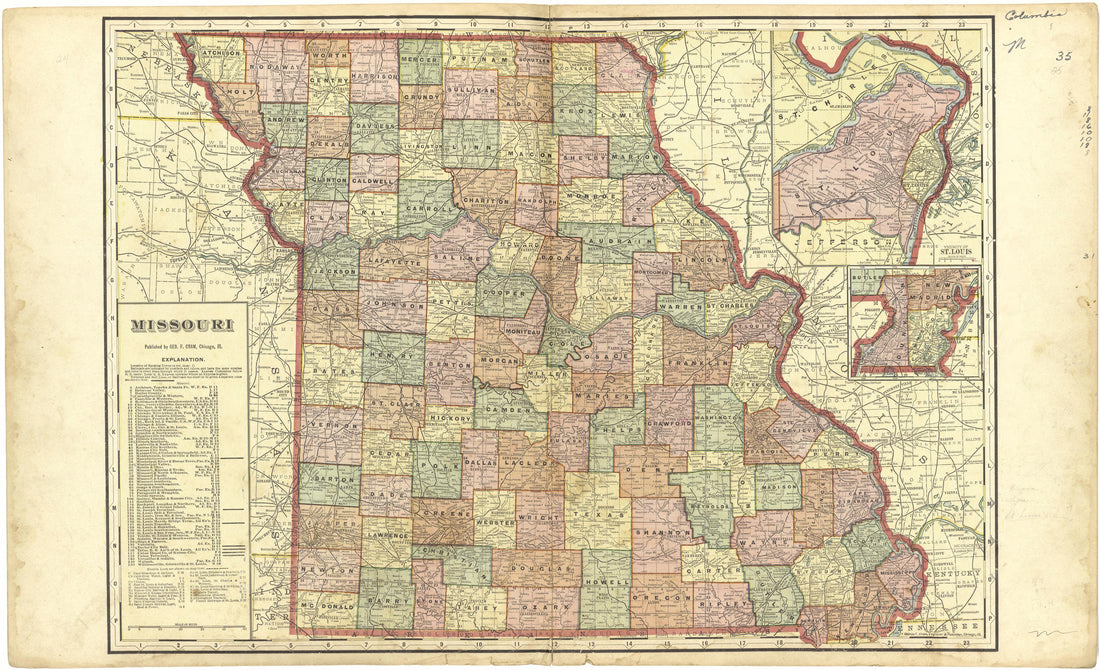 Missouri from Standard Atlas of Cedar County, Missouri : Including a Plat Book of the Villages, Cities and Townships of the County, Map of the State, United States and World, Patrons Directory, Reference Business … 1908 by Relic Map Company