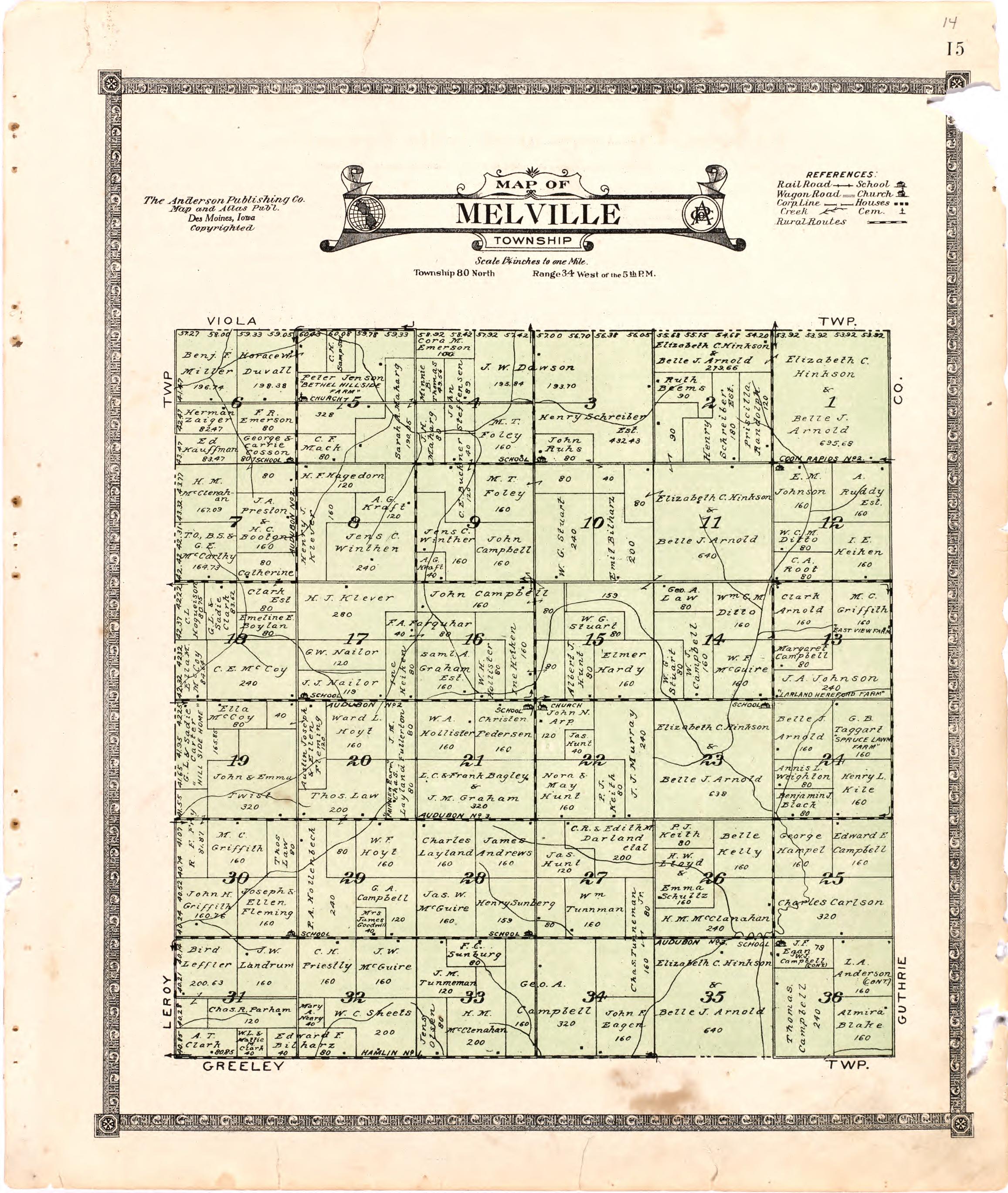 Map of Melville Township from Atlas of Audubon County, Iowa : Containing Maps of Townships of the County, Maps of State, United States and World, Farmers Directory, Analysis of the System of U.S. Land Surveys 1921 by Relic Map Company