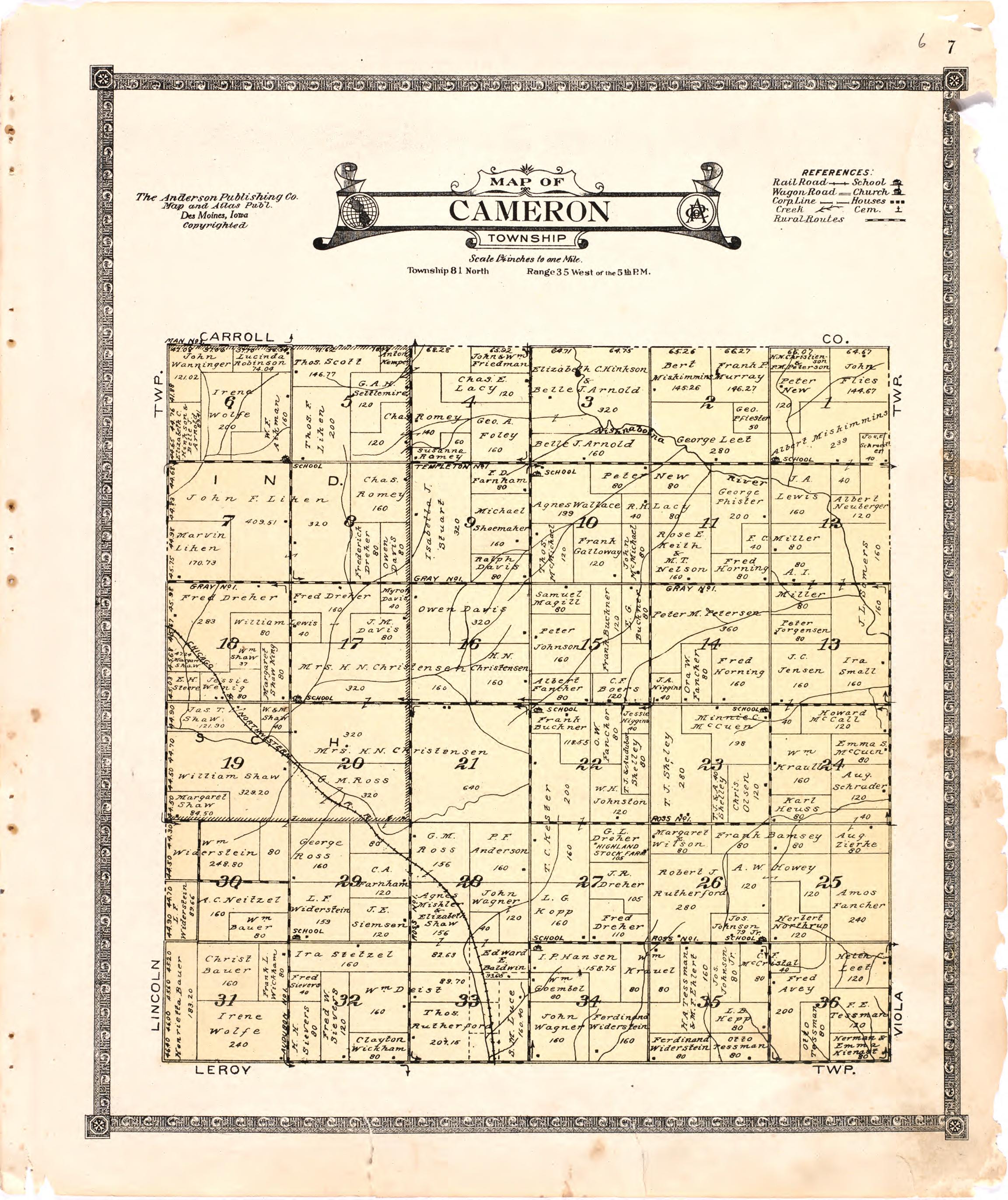 Map of Cameron Township from Atlas of Audubon County, Iowa : Containing Maps of Townships of the County, Maps of State, United States and World, Farmers Directory, Analysis of the System of U.S. Land Surveys 1921 by Relic Map Company