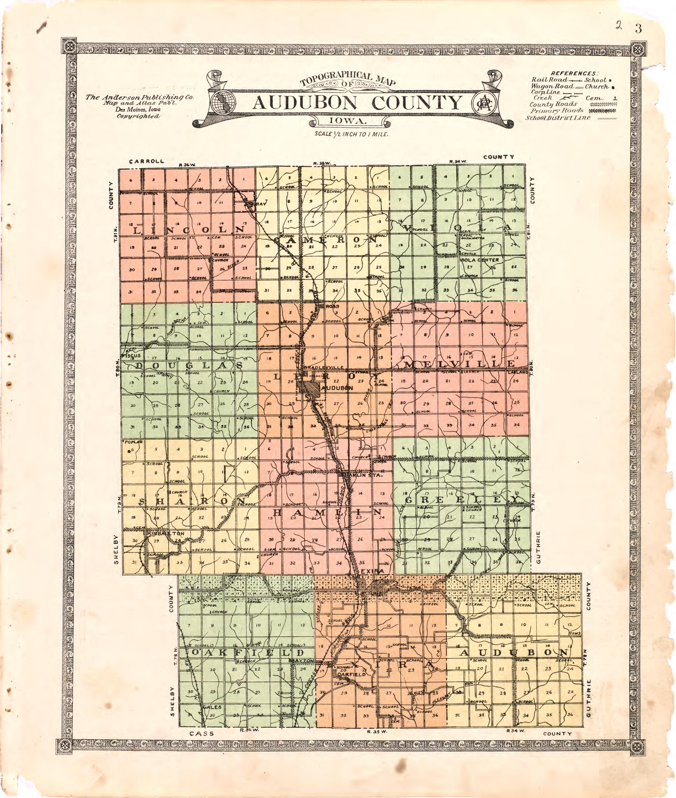 Topographical Map of Audubon County Iowa from Atlas of Audubon County, Iowa : Containing Maps of Townships of the County, Maps of State, United States and World, Farmers Directory, Analysis of the System of U.S. Land Surveys 1921 by Relic Map Company