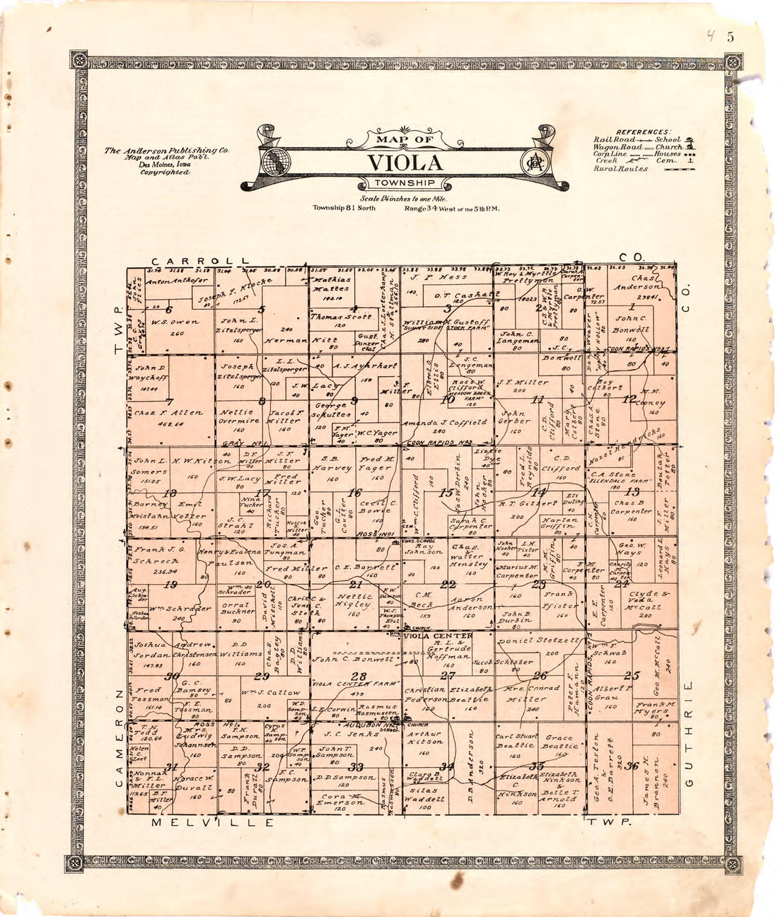 Map of Viola Township from Atlas of Audubon County, Iowa : Containing Maps of Townships of the County, Maps of State, United States and World, Farmers Directory, Analysis of the System of U.S. Land Surveys 1921 by Relic Map Company
