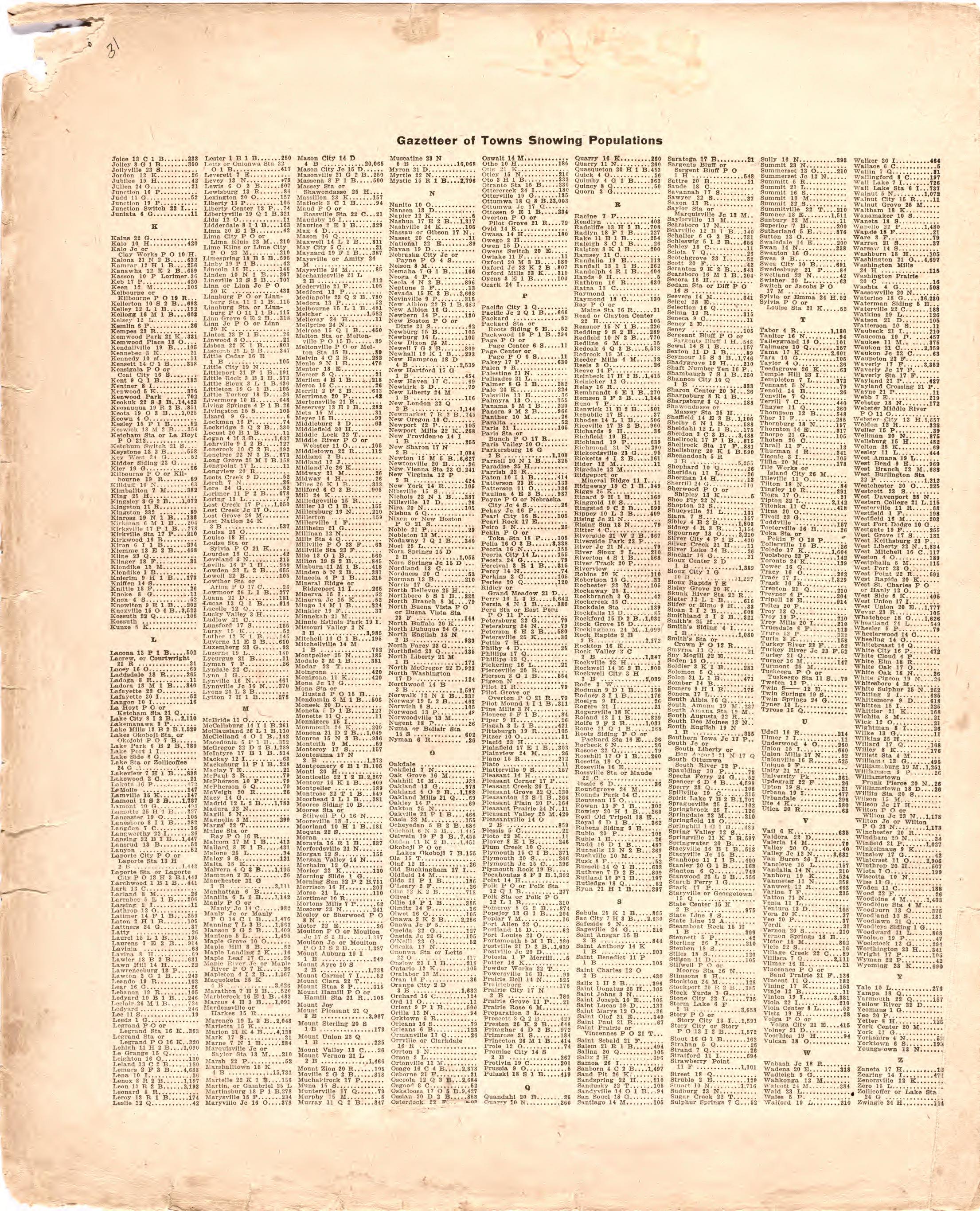 Gazetteer of Towns Showing Populations J-Z from Atlas of Audubon County, Iowa : Containing Maps of Townships of the County, Maps of State, United States and World, Farmers Directory, Analysis of the System of U.S. Land Surveys 1921 by Relic Map Company