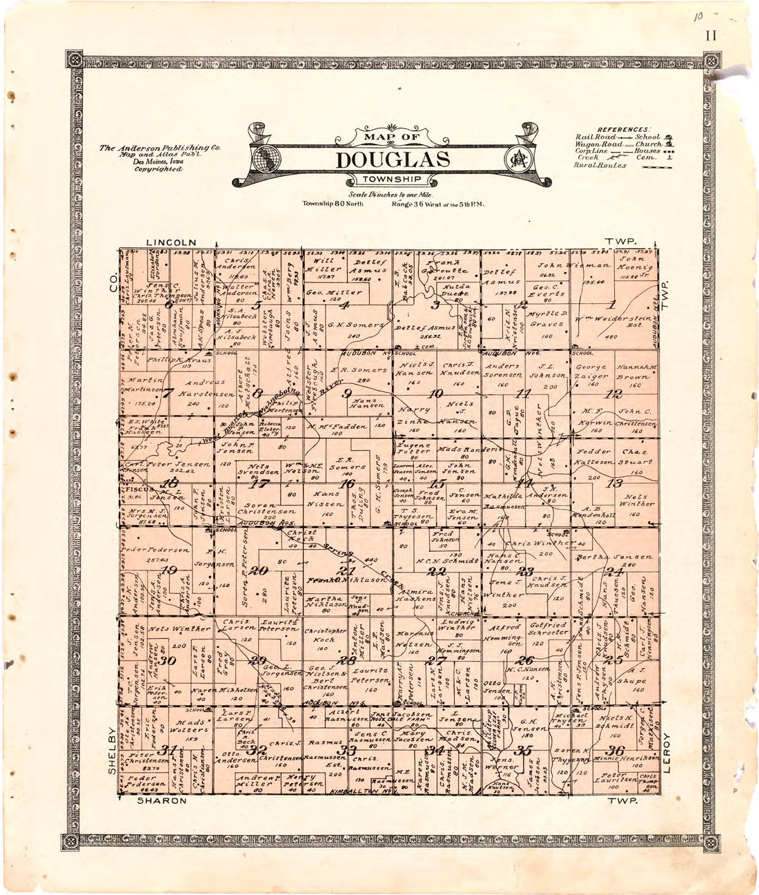 Map of Douglas Township from Atlas of Audubon County, Iowa : Containing Maps of Townships of the County, Maps of State, United States and World, Farmers Directory, Analysis of the System of U.S. Land Surveys 1921 by Relic Map Company
