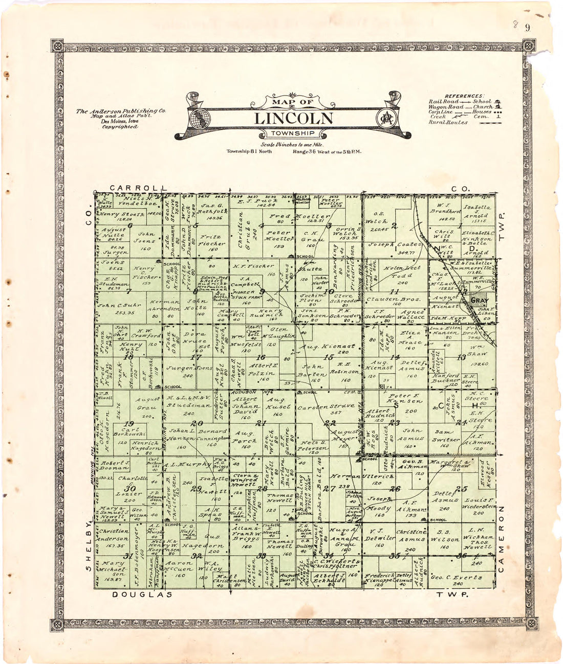Map of Lincoln Township from Atlas of Audubon County, Iowa : Containing Maps of Townships of the County, Maps of State, United States and World, Farmers Directory, Analysis of the System of U.S. Land Surveys 1921 by Relic Map Company