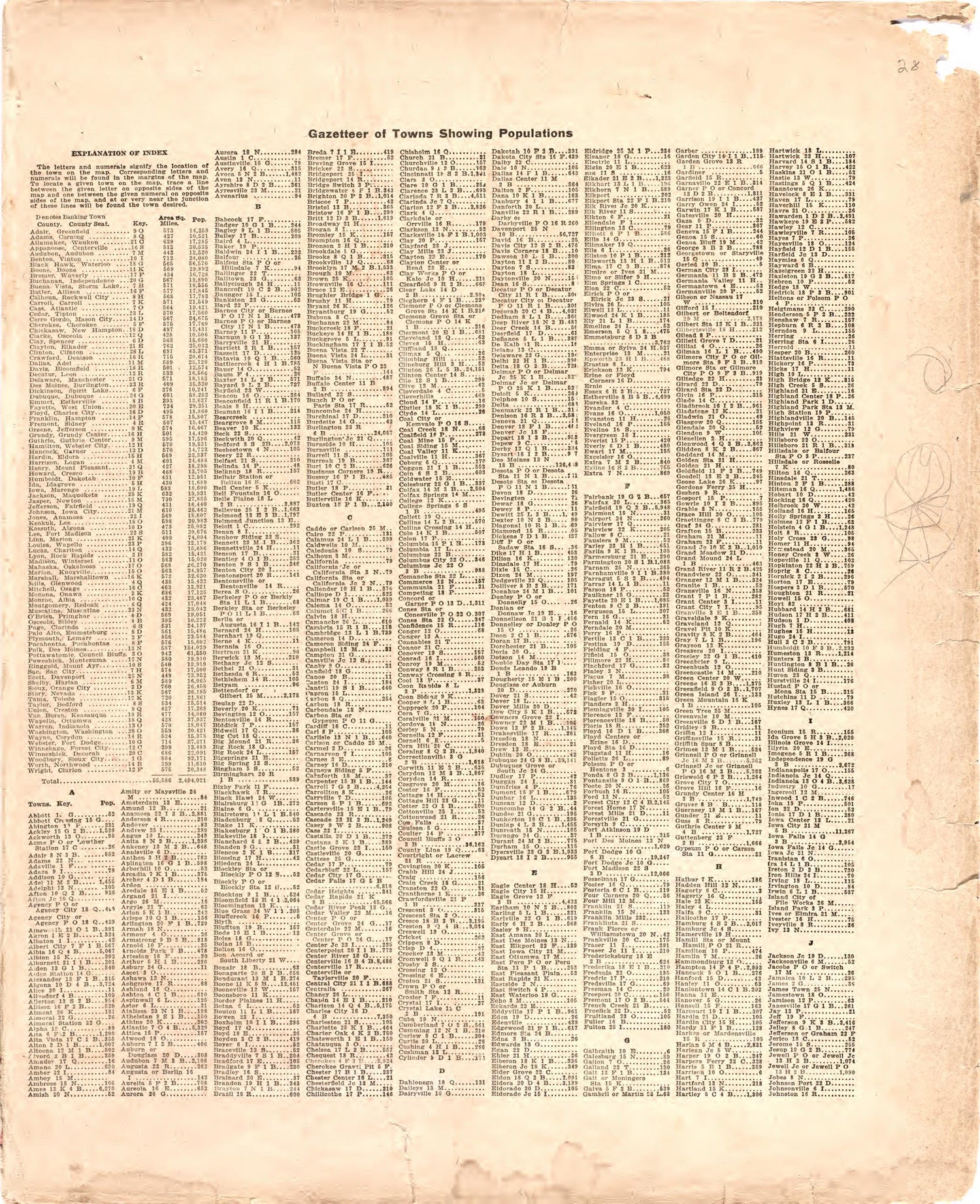 Gazetteer of Towns Showing Populations A-J from Atlas of Audubon County, Iowa : Containing Maps of Townships of the County, Maps of State, United States and World, Farmers Directory, Analysis of the System of U.S. Land Surveys 1921 by Relic Map Company