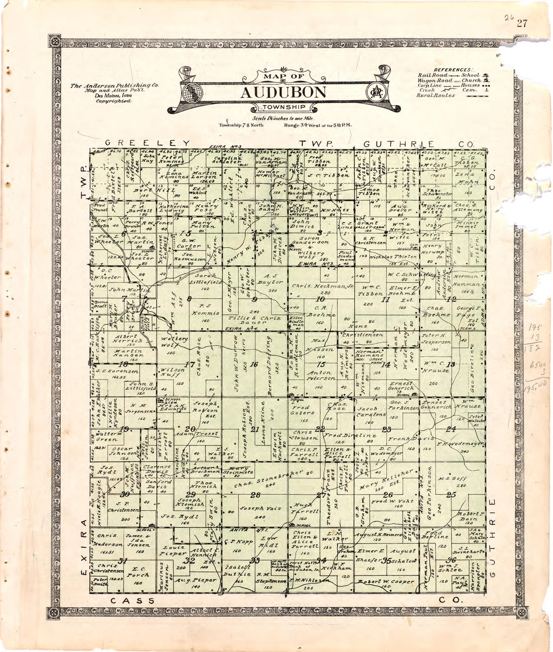 Map of Audubon Township from Atlas of Audubon County, Iowa : Containing Maps of Townships of the County, Maps of State, United States and World, Farmers Directory, Analysis of the System of U.S. Land Surveys 1921 by Relic Map Company