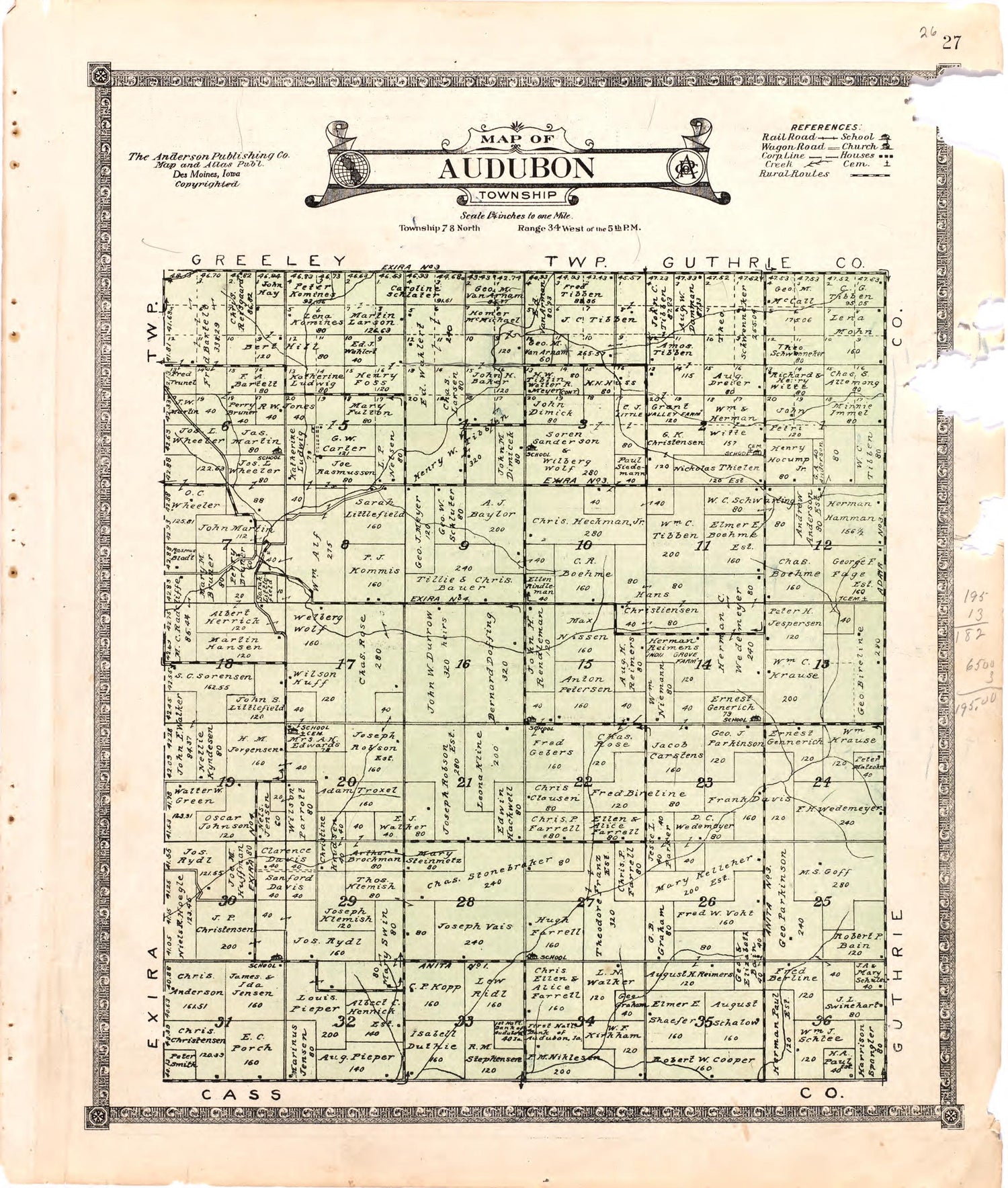 Map of Audubon Township from Atlas of Audubon County, Iowa : Containing Maps of Townships of the County, Maps of State, United States and World, Farmers Directory, Analysis of the System of U.S. Land Surveys 1921 by Relic Map Company