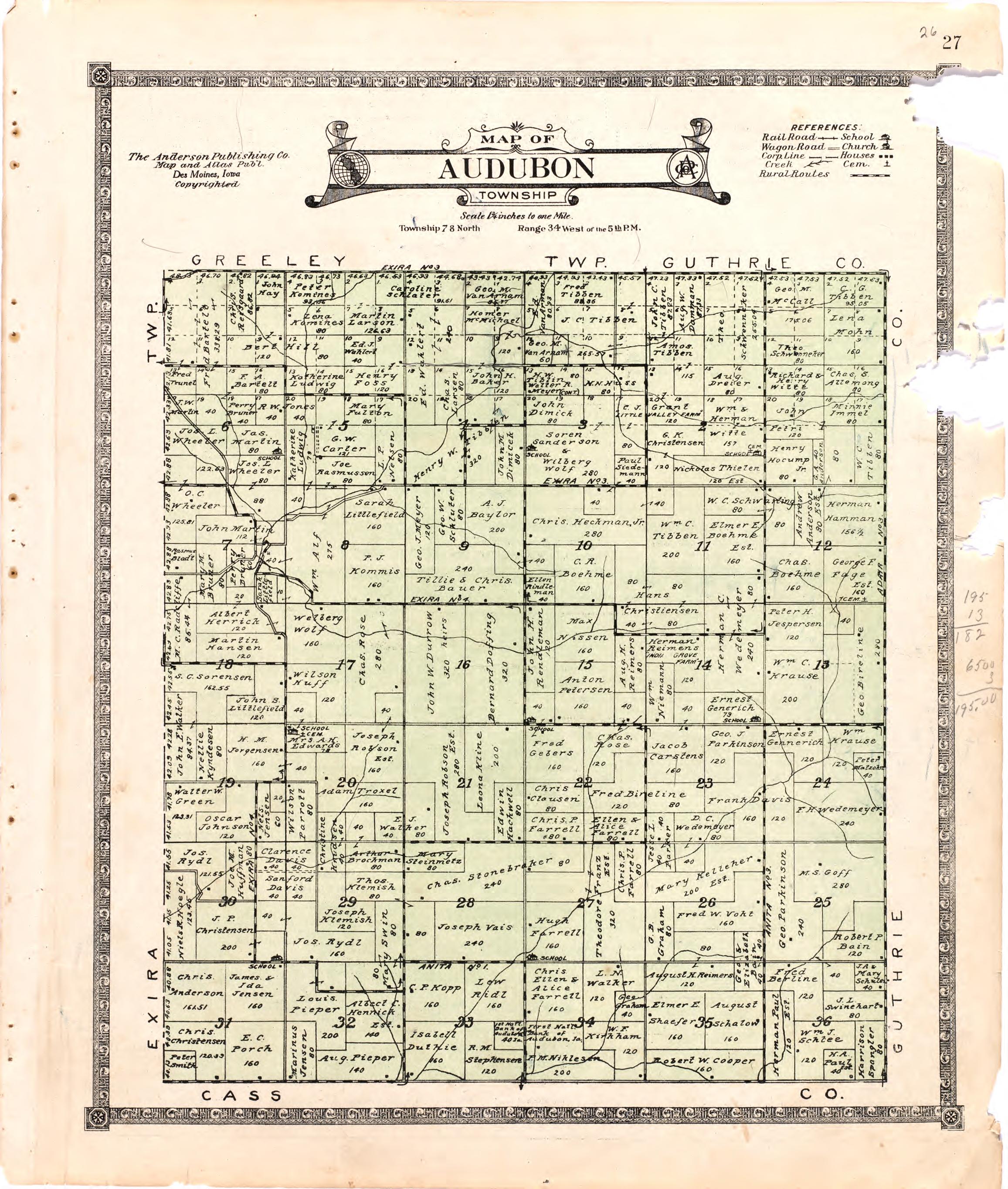 Map of Audubon Township from Atlas of Audubon County, Iowa : Containing Maps of Townships of the County, Maps of State, United States and World, Farmers Directory, Analysis of the System of U.S. Land Surveys 1921 by Relic Map Company
