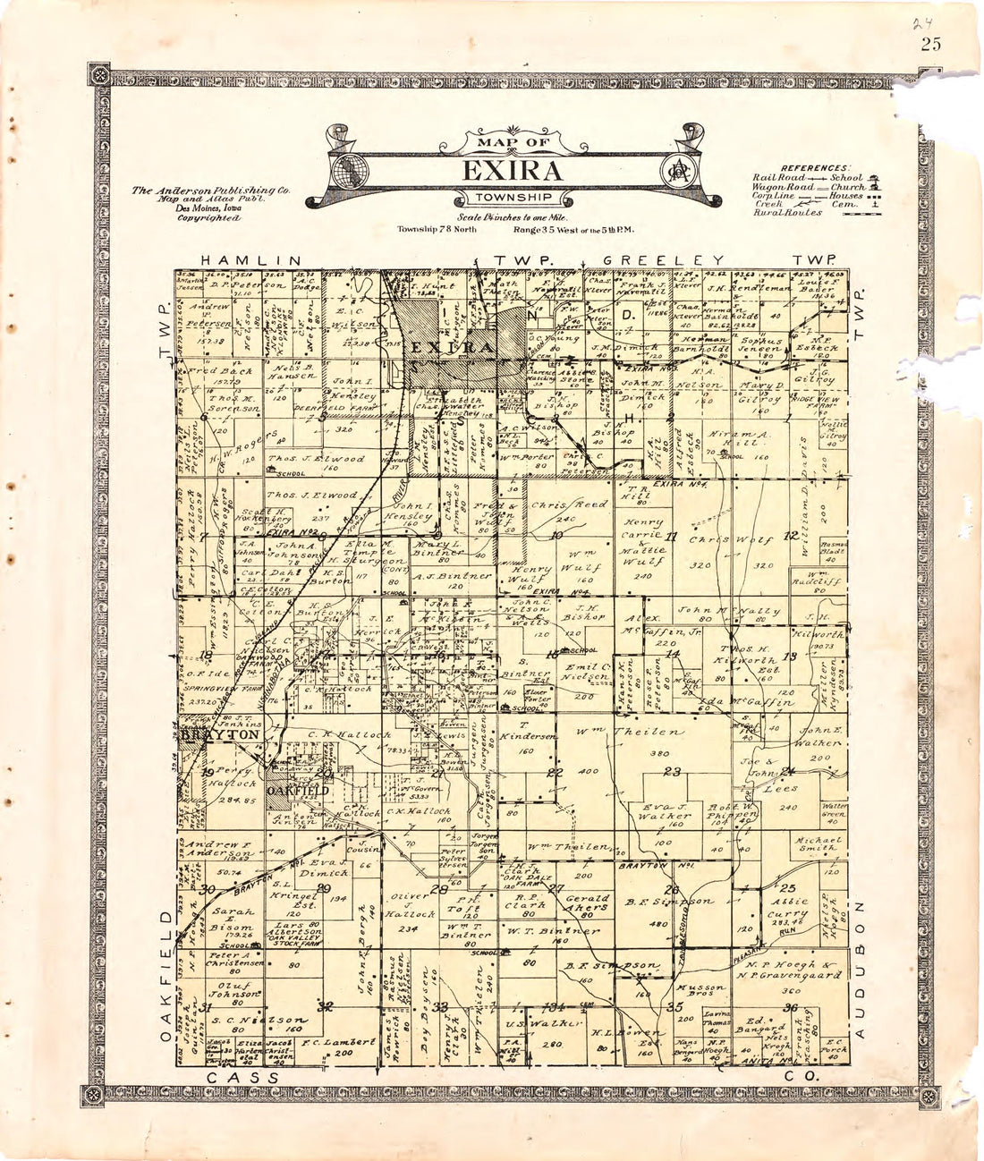 Map of Exira Township from Atlas of Audubon County, Iowa : Containing Maps of Townships of the County, Maps of State, United States and World, Farmers Directory, Analysis of the System of U.S. Land Surveys 1921 by Relic Map Company