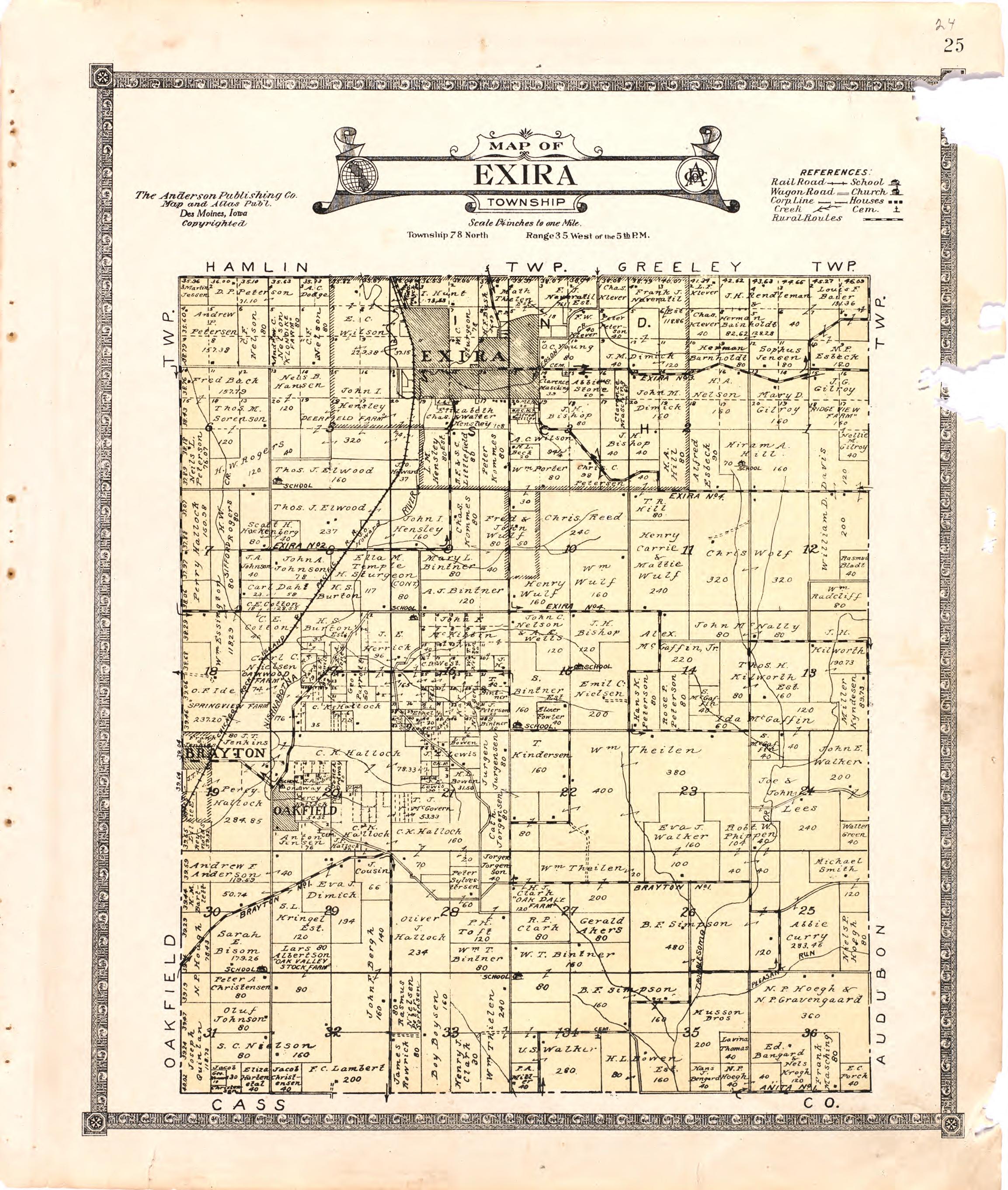 Map of Exira Township from Atlas of Audubon County, Iowa : Containing Maps of Townships of the County, Maps of State, United States and World, Farmers Directory, Analysis of the System of U.S. Land Surveys 1921 by Relic Map Company