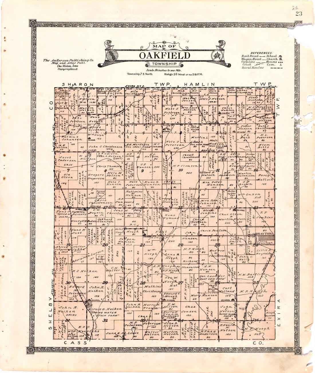 Map of Oakfield Township from Atlas of Audubon County, Iowa : Containing Maps of Townships of the County, Maps of State, United States and World, Farmers Directory, Analysis of the System of U.S. Land Surveys 1921 by Relic Map Company
