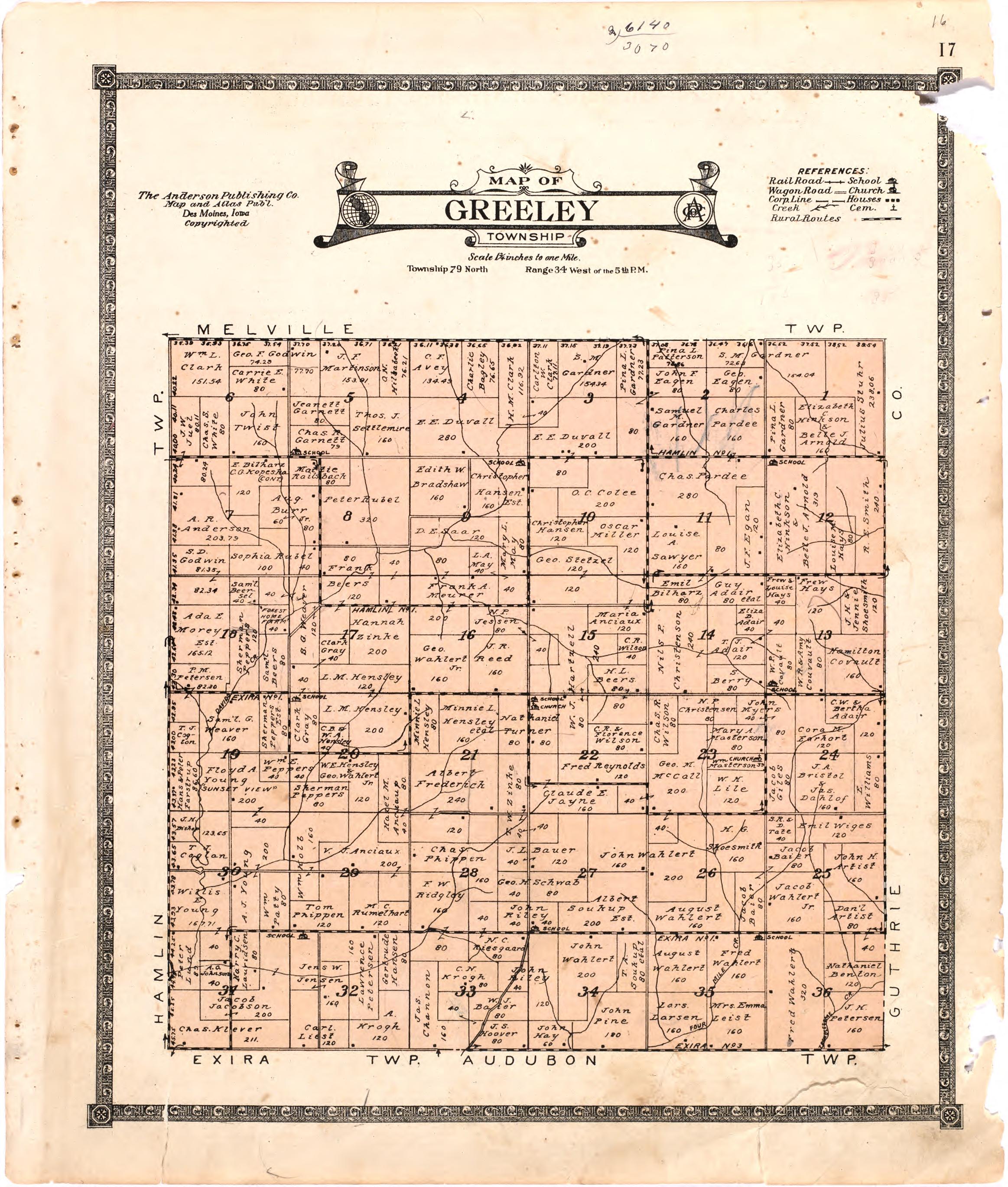 Map of Greeley Township from Atlas of Audubon County, Iowa : Containing Maps of Townships of the County, Maps of State, United States and World, Farmers Directory, Analysis of the System of U.S. Land Surveys 1921 by Relic Map Company