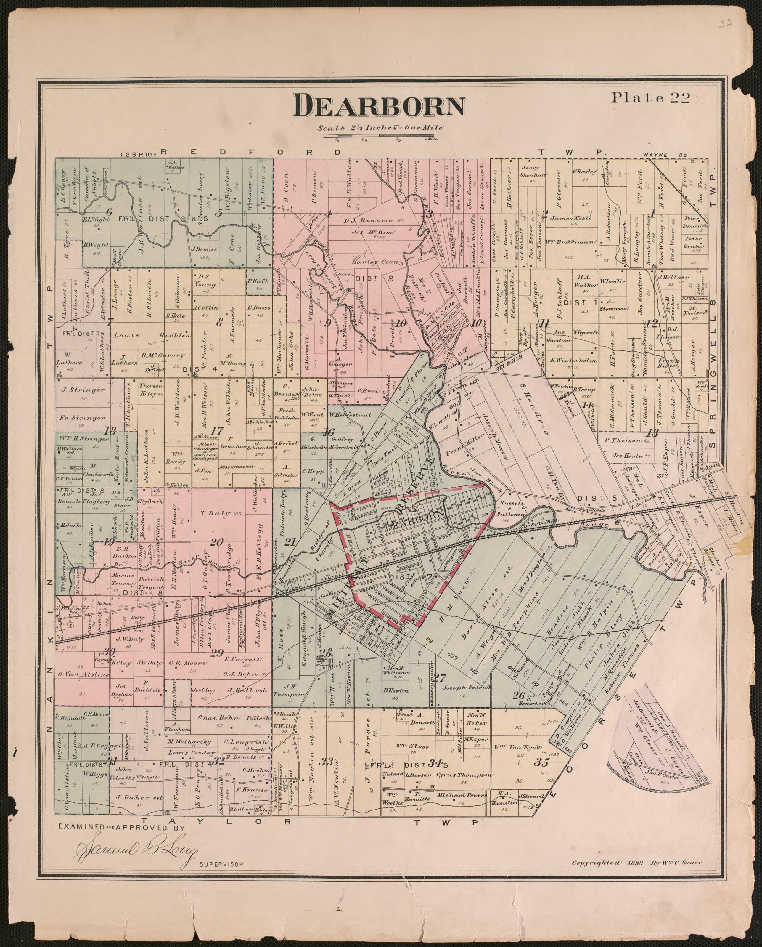 Dearborn Township from Detailed Official Atlas of Wayne County, Michigan : Containing General Maps of Wayne County and City of Detroit, General Township Maps ... : Also Detail Plats of All Recorded Subdivisions and Additions … 1893 by Relic Map Company