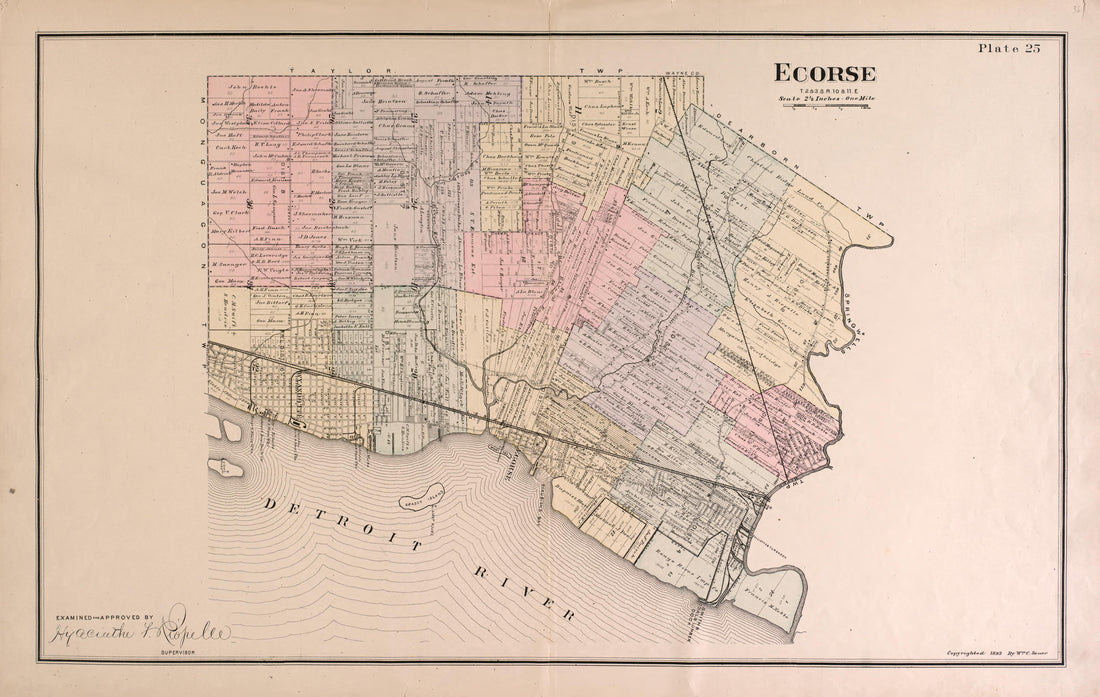 Ecorse Township from Detailed Official Atlas of Wayne County, Michigan : Containing General Maps of Wayne County and City of Detroit, General Township Maps ... : Also Detail Plats of All Recorded Subdivisions and Additions … 1893 by Relic Map Company