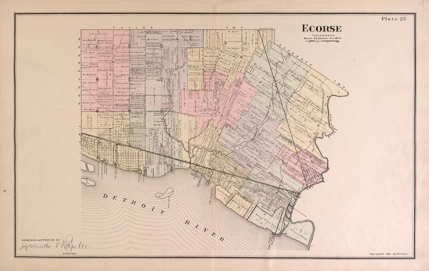 Ecorse Township from Detailed Official Atlas of Wayne County, Michigan : Containing General Maps of Wayne County and City of Detroit, General Township Maps ... : Also Detail Plats of All Recorded Subdivisions and Additions … 1893 by Relic Map Company