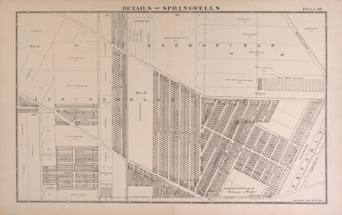 Details of Springwells - 1 from Detailed Official Atlas of Wayne County, Michigan : Containing General Maps of Wayne County and City of Detroit, General Township Maps ... : Also Detail Plats of All Recorded Subdivisions and Additions … 1893 by Relic Map Company