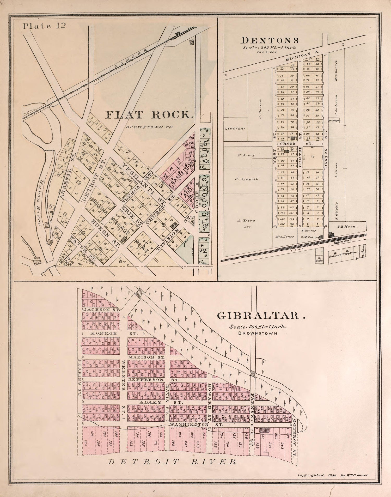 Flat Rock, Dentons and Gibralter from Detailed Official Atlas of Wayne County, Michigan : Containing General Maps of Wayne County and City of Detroit, General Township Maps ... : Also Detail Plats of All Recorded Subdivisions and Additions … 1893 by Relic Map Company