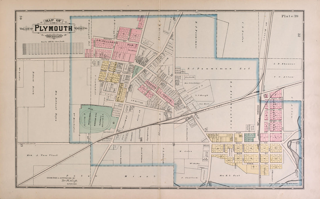 Village of Plymouth from Detailed Official Atlas of Wayne County, Michigan : Containing General Maps of Wayne County and City of Detroit, General Township Maps ... : Also Detail Plats of All Recorded Subdivisions and Additions … 1893 by Relic Map Company