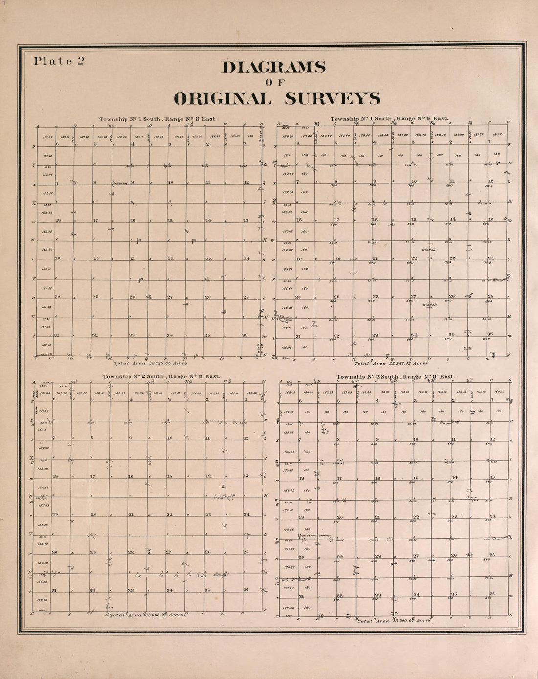 Diagrams of Original Surveys - 1 from Detailed Official Atlas of Wayne County, Michigan : Containing General Maps of Wayne County and City of Detroit, General Township Maps ... : Also Detail Plats of All Recorded Subdivisions and Additions … 1893 by Relic Map Company