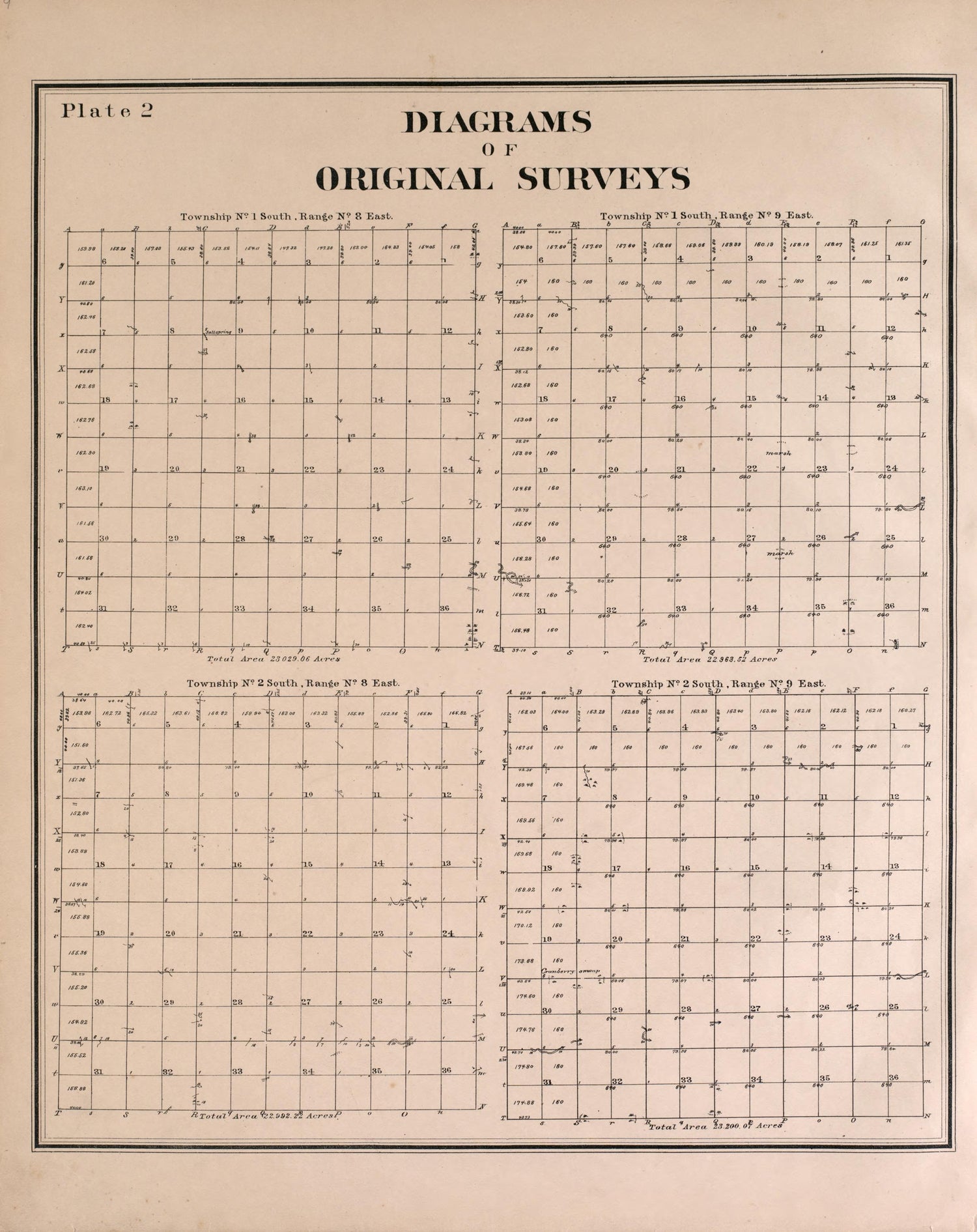 Diagrams of Original Surveys - 1 from Detailed Official Atlas of Wayne County, Michigan : Containing General Maps of Wayne County and City of Detroit, General Township Maps ... : Also Detail Plats of All Recorded Subdivisions and Additions … 1893 by Relic Map Company