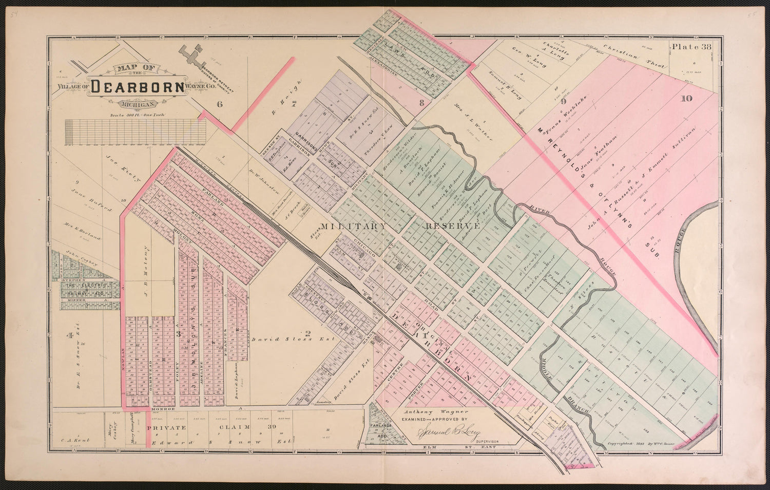 City of Dearborn from Detailed Official Atlas of Wayne County, Michigan : Containing General Maps of Wayne County and City of Detroit, General Township Maps ... : Also Detail Plats of All Recorded Subdivisions and Additions … 1893 by Relic Map Company
