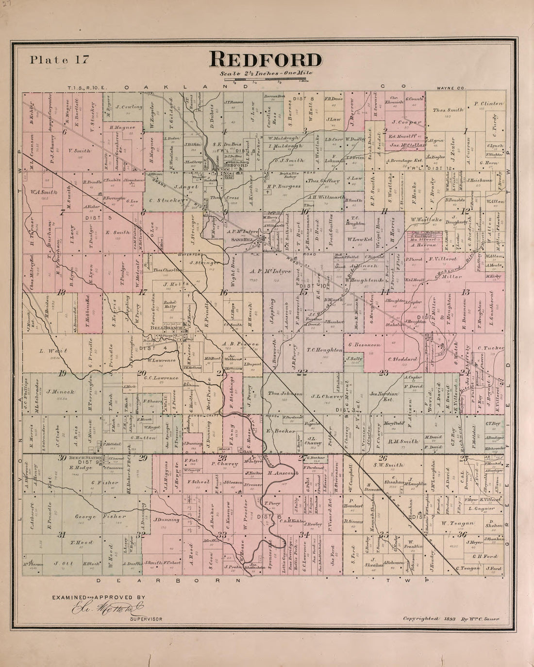 Redford Township from Detailed Official Atlas of Wayne County, Michigan : Containing General Maps of Wayne County and City of Detroit, General Township Maps ... : Also Detail Plats of All Recorded Subdivisions and Additions … 1893 by Relic Map Company