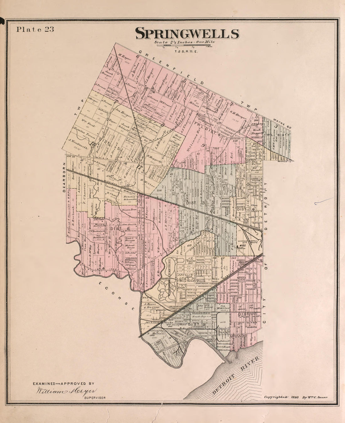 Springwells Township from Detailed Official Atlas of Wayne County, Michigan : Containing General Maps of Wayne County and City of Detroit, General Township Maps ... : Also Detail Plats of All Recorded Subdivisions and Additions … 1893 by Relic Map Company