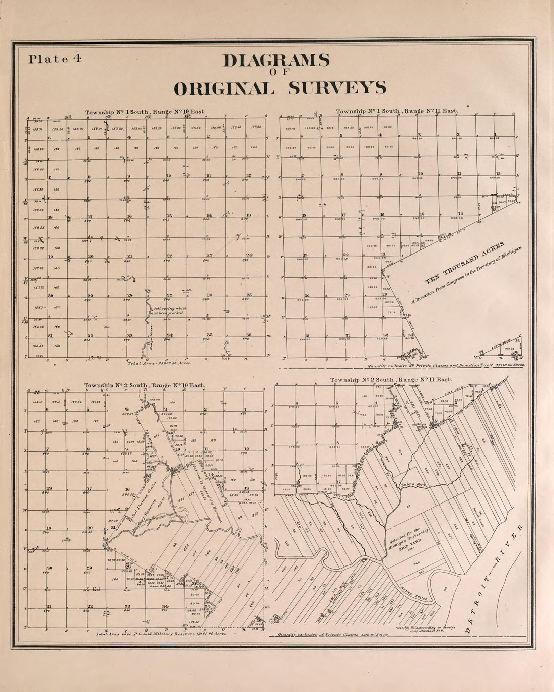Diagrams of Original Surveys - 3 from Detailed Official Atlas of Wayne County, Michigan : Containing General Maps of Wayne County and City of Detroit, General Township Maps ... : Also Detail Plats of All Recorded Subdivisions and Additions … 1893 by Relic Map Company