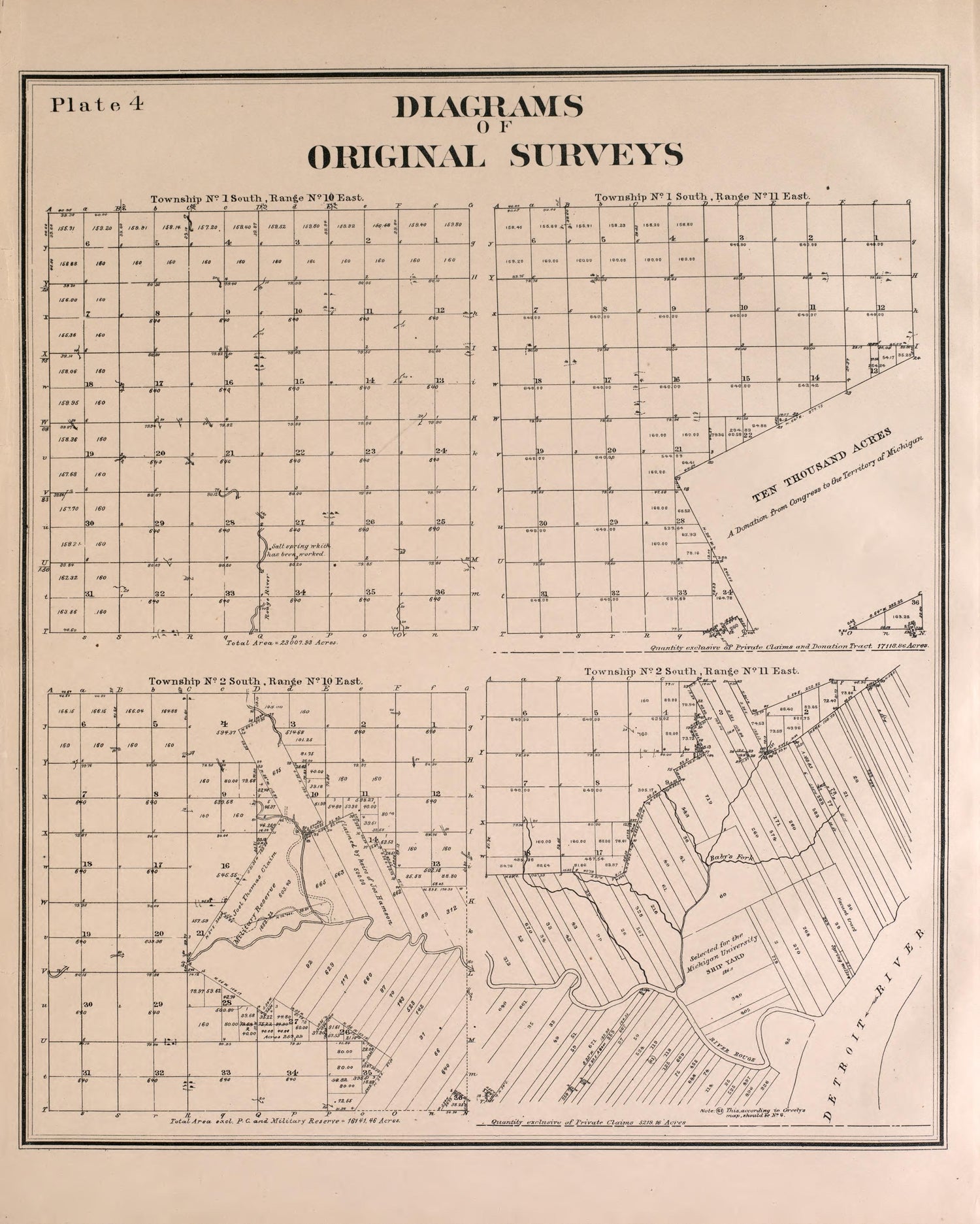 Diagrams of Original Surveys - 3 from Detailed Official Atlas of Wayne County, Michigan : Containing General Maps of Wayne County and City of Detroit, General Township Maps ... : Also Detail Plats of All Recorded Subdivisions and Additions … 1893 by Relic Map Company