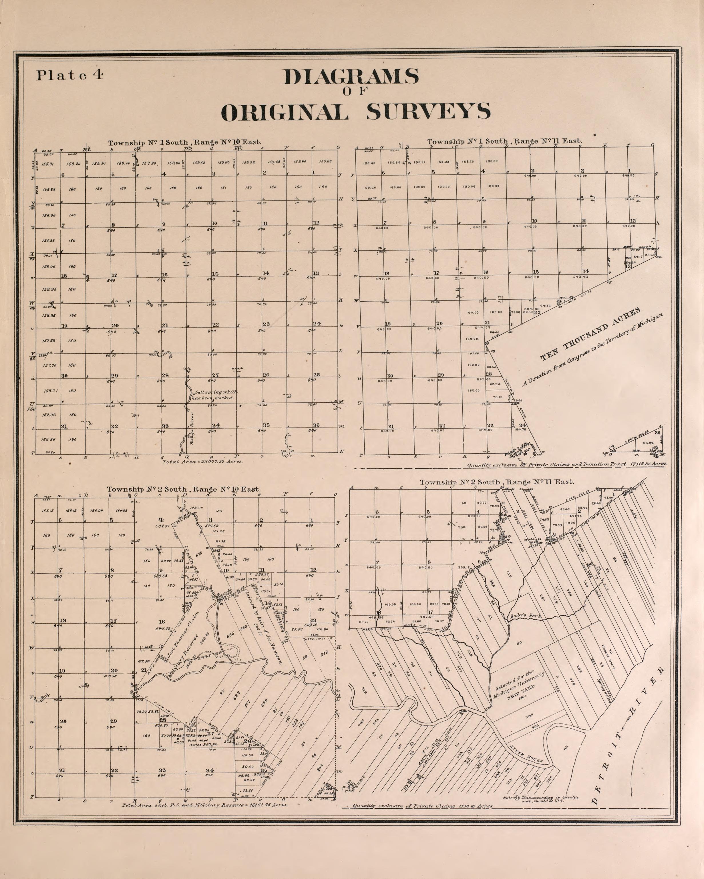 Diagrams of Original Surveys - 3 from Detailed Official Atlas of Wayne County, Michigan : Containing General Maps of Wayne County and City of Detroit, General Township Maps ... : Also Detail Plats of All Recorded Subdivisions and Additions … 1893 by Relic Map Company