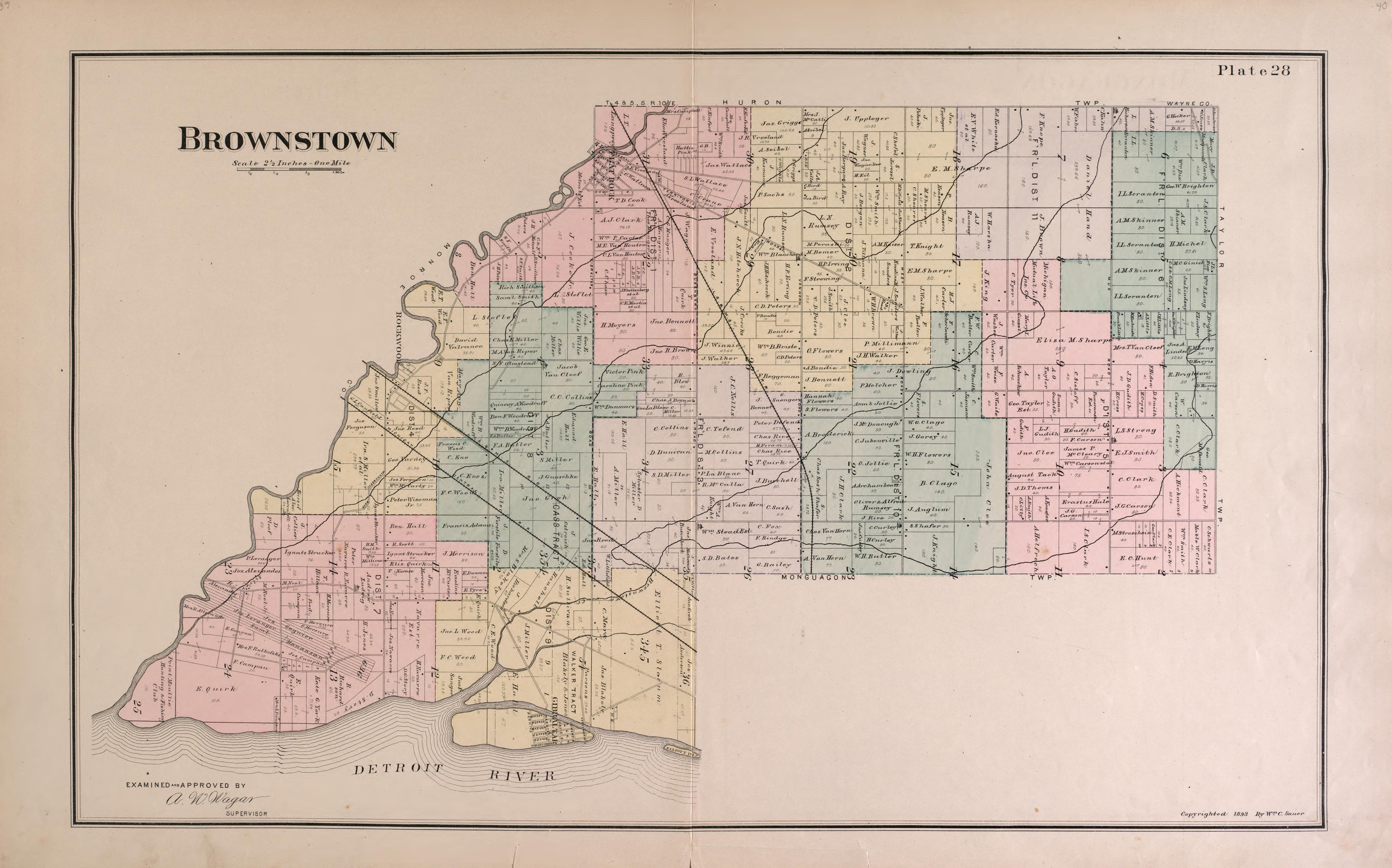 Brownstown Township from Detailed Official Atlas of Wayne County, Michigan : Containing General Maps of Wayne County and City of Detroit, General Township Maps ... : Also Detail Plats of All Recorded Subdivisions and Additions … 1893 by Relic Map Company