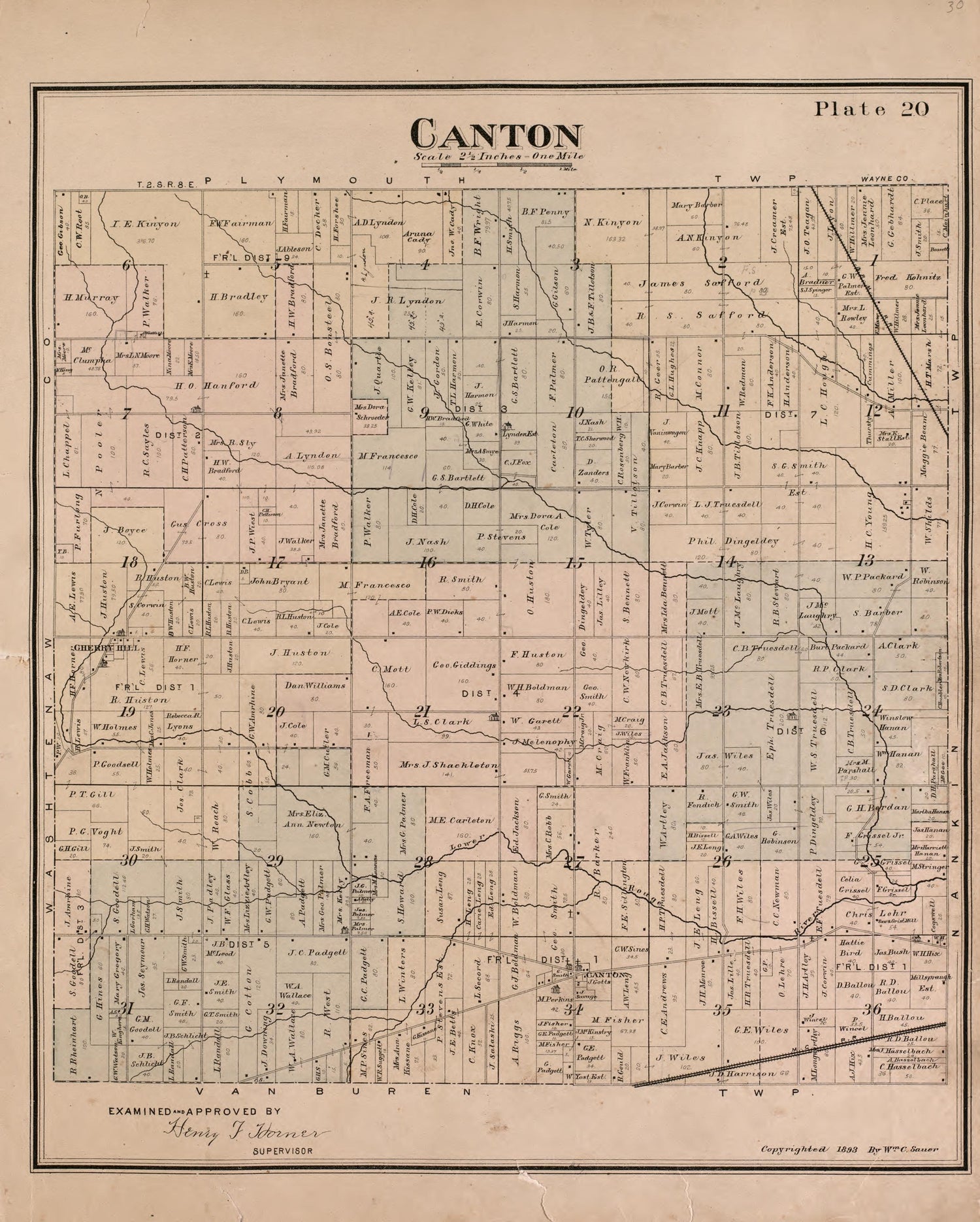 Canton Township from Detailed Official Atlas of Wayne County, Michigan : Containing General Maps of Wayne County and City of Detroit, General Township Maps ... : Also Detail Plats of All Recorded Subdivisions and Additions … 1893 by Relic Map Company