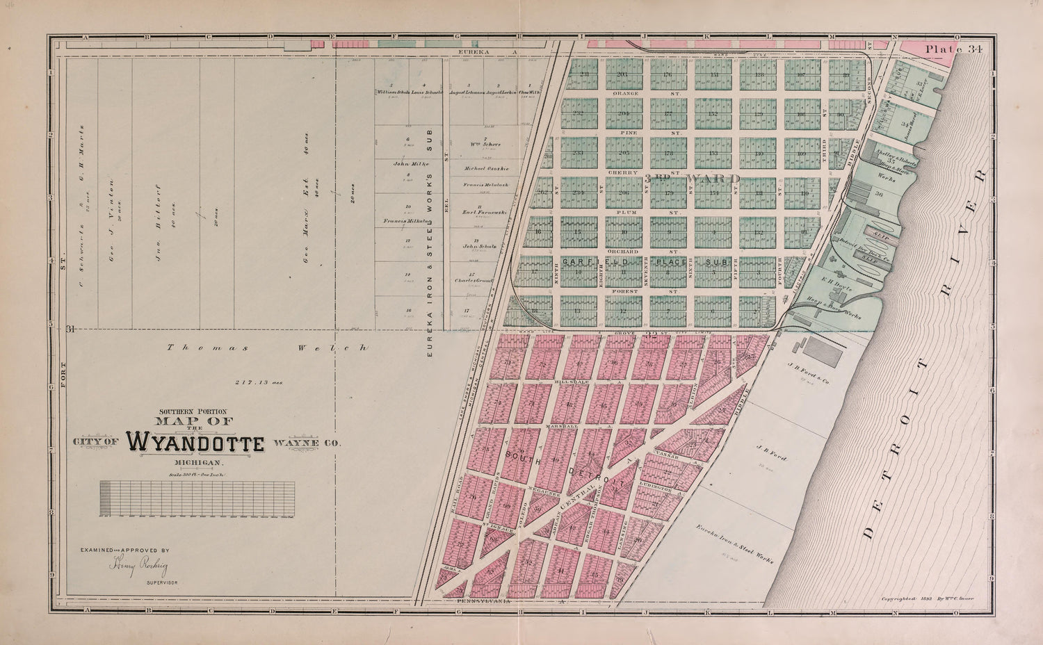 Wyandotte, Southern Portion from Detailed Official Atlas of Wayne County, Michigan : Containing General Maps of Wayne County and City of Detroit, General Township Maps ... : Also Detail Plats of All Recorded Subdivisions and Additions … 1893 by Relic Map Company