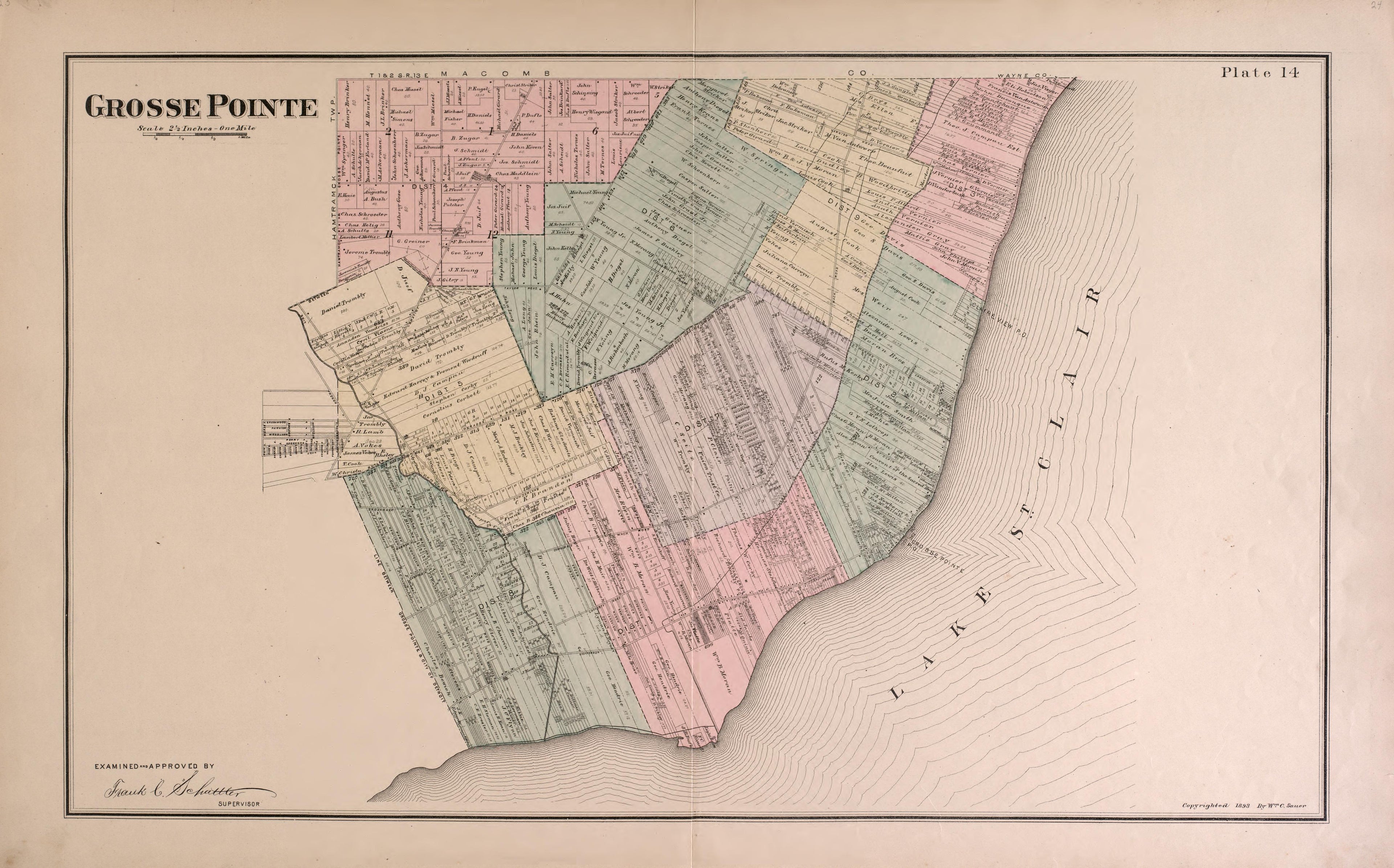 Grosse Pointe Township from Detailed Official Atlas of Wayne County, Michigan : Containing General Maps of Wayne County and City of Detroit, General Township Maps ... : Also Detail Plats of All Recorded Subdivisions and Additions … 1893 by Relic Map Company