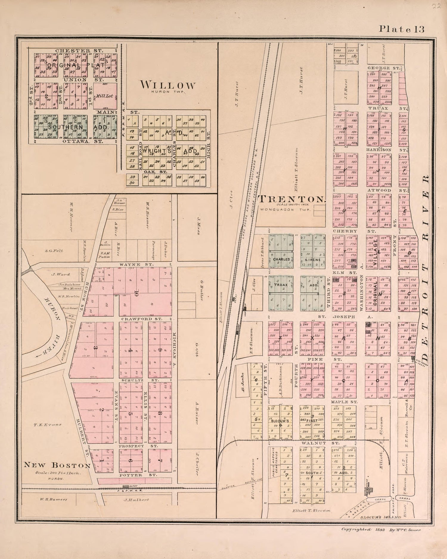 Willow, Trenton and New Boston from Detailed Official Atlas of Wayne County, Michigan : Containing General Maps of Wayne County and City of Detroit, General Township Maps ... : Also Detail Plats of All Recorded Subdivisions and Additions … 1893 by Relic Map Company
