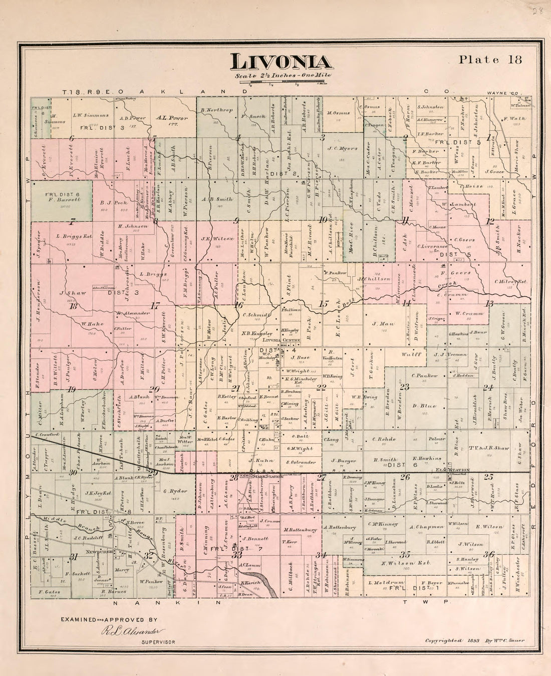 Livonia Township from Detailed Official Atlas of Wayne County, Michigan : Containing General Maps of Wayne County and City of Detroit, General Township Maps ... : Also Detail Plats of All Recorded Subdivisions and Additions … 1893 by Relic Map Company