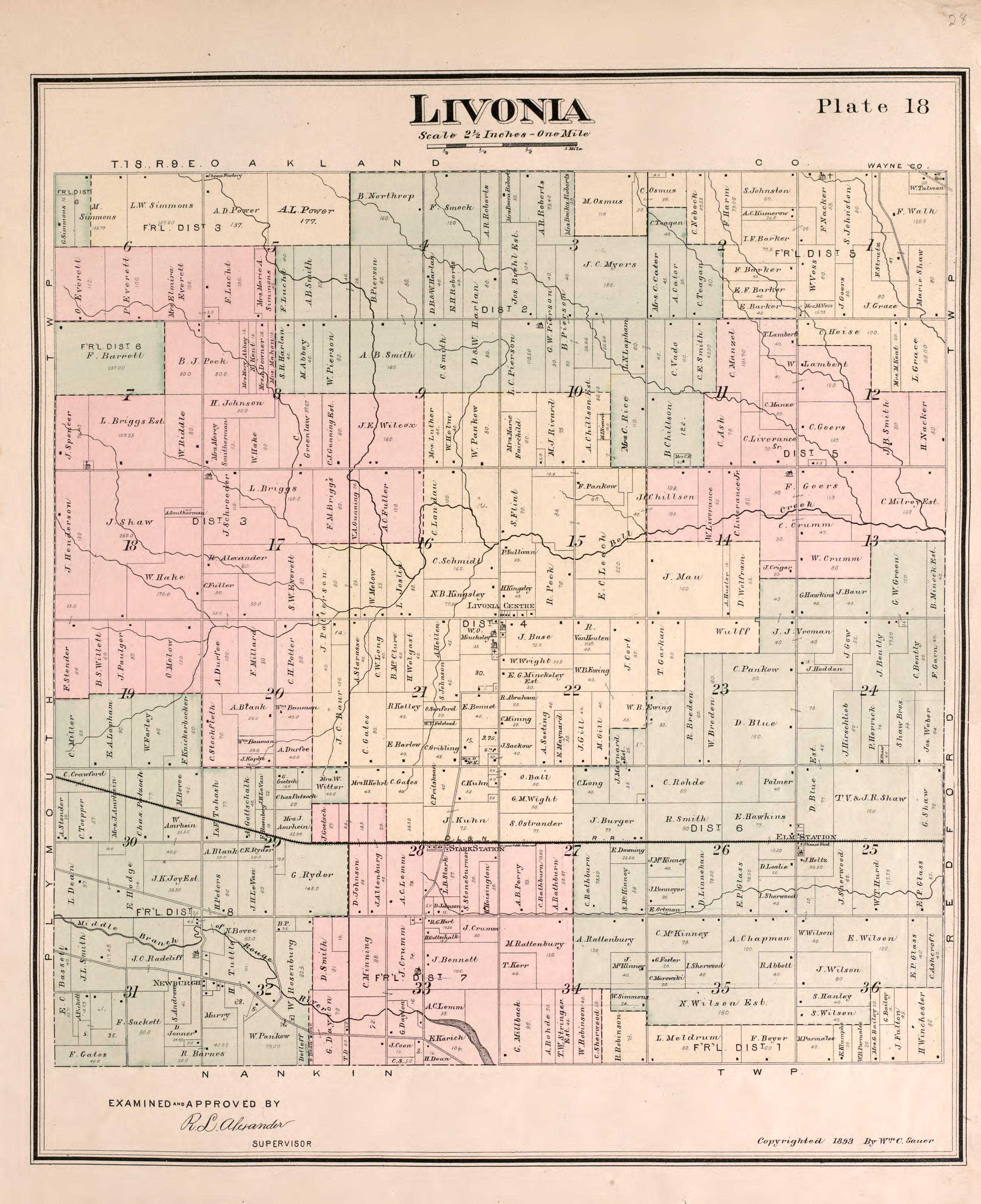 Livonia Township from Detailed Official Atlas of Wayne County, Michigan : Containing General Maps of Wayne County and City of Detroit, General Township Maps ... : Also Detail Plats of All Recorded Subdivisions and Additions … 1893 by Relic Map Company