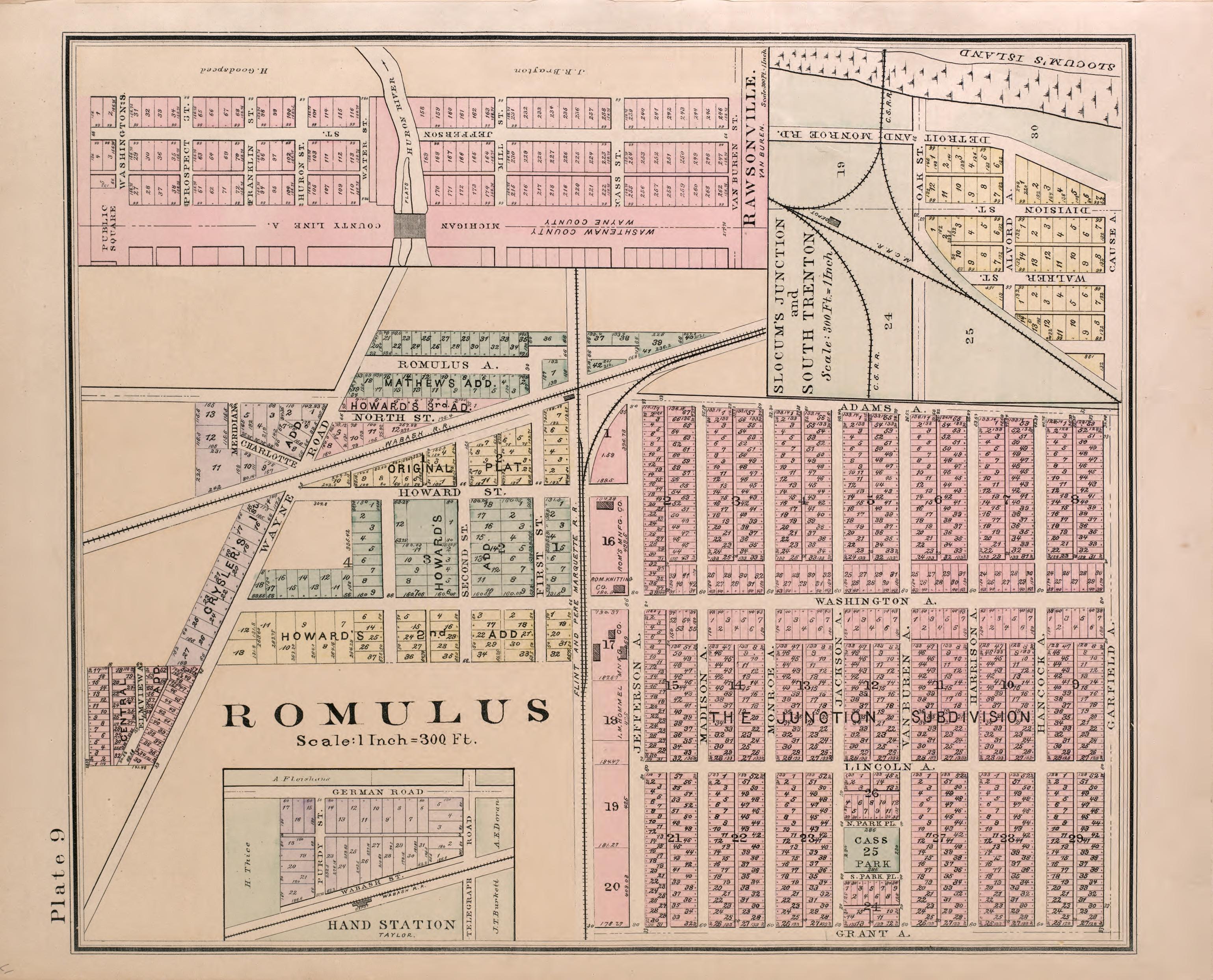Romulus from Detailed Official Atlas of Wayne County, Michigan : Containing General Maps of Wayne County and City of Detroit, General Township Maps ... : Also Detail Plats of All Recorded Subdivisions and Additions … 1893 by Relic Map Company
